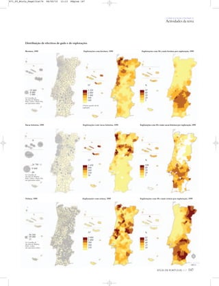 O PAÍS SOCIOECONÓMICO
Actividades da terra
ATLAS DE PORTUGAL IGP 147
Bovinos, 1999 Explorações com bovinos, 1999 Explorações com 50 e mais bovinos por exploração, 1999
Vacas leiteiras, 1999 Explorações com 50 e mais vacas leiteiras por exploração, 1999Explorações com vacas leiteiras, 1999
Nº
3 220
2 000
1 000
500
100
A branco quando não há
explorações
%
95
80
50
20
5
55 000
8 000
1 000
Os Concelhos de
São João da Madeira,
Porto, Lisboa e Mesão Frio
não apresentam valores
Nº
1 650
600
300
150
50
%
100
80
50
20
5
26 790
9 000
80
Os Concelhos de
São João da Madeira,
Porto, Lisboa e Mesão Frio
não apresentam valores
Nº
2 000
1 000
500
300
150
%
82
60
40
25
10
94 560
50 000
21
Os Concelhos de
São João da Madeira,
Porto e Lisboa
não apresentam valores
N
0 25 50 km
Distribuição de efectivos de gado e de explorações
Ovinos, 1999 Explorações com ovinos, 1999 Explorações com 50 e mais ovinos por exploração, 1999
871_05_Miolo_Pags131a174 06/02/15 11:13 Página 147
 