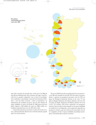 O PAÍS SOCIOECONÓMICO
Recursos vivos marinhos
ATLAS DE PORTUGAL IGP 173
Pescadores
matriculados por porto
e por arte, 2002
quer pelo consumo de pescado que revela (cerca de 60kg de
pescado por habitante/ano). Este consumo, de longe o mais ele-
vado da UE, quando comparado com os níveis de produção,
tem conduzido a uma balança comercial extremamente defici-
tária – com um ritmo crescente – entre as exportações e as
importações dos produtos da pesca, que de uma situação de
quase equilíbrio no início da década de 1980 passou para um
défice superior a 600 milhões de euros em 2002, sendo só o
bacalhau responsável por cerca de 40% desse valor.
O panorama das pescas nacionais no início do século XXI é,
pois, substancialmente diferente do verificado durante grande
parte do século anterior.
No ano de 2002 foram descarregadas pela frota nacional cer-
ca de 200 mil toneladas de pescado, 81% das quais correspon-
dentes a capturas em pesqueiros nacionais: cerca de 70% em
águas de Portugal Continental (divisão IX do ICES), 7% em
águas da Região Autónoma dos Açores (divisão X do ICES), 4%
em águas da Região Autónoma da Madeira (divisão 34.1.2 do
CECAF). Os restantes 18% foram capturados em pesqueiros
externos. Este pescado foi descarregado na sua quase totalidade
no estado fresco ou refrigerado, com excepção do capturado em
pesqueiros externos, que por motivos de conservação tem de
ser congelado a bordo. A quase totalidade da produção portu-
guesa é desembarcada em portos nacionais.
Sardinha
Bacalhau
Arrasto
Outras
3 700
1 560
520
180
N
0 25 50 km
871_05_Miolo_Pags131a174 06/02/02 9:58 Página 173
 