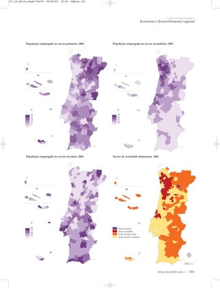 O PAÍS SOCIOECONÓMICO
Economia e desenvolvimento regional
ATLAS DE PORTUGAL IGP 181
População empregada no sector primário, 2001 População empregada no sector secundário, 2001
População empregada no sector terciário, 2001 Sector de actividade dominante, 2001
%
50
30
20
10
5
%
84
70
60
50
%
75
60
45
30
Sector primário
Sector secundário
Sector terciário social
Sector terciário económico
N
0 25 50 km
871_05_Miolo_Pags175a210 06/02/02 10:20 Página 181
 
