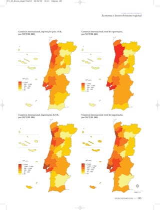 O PAÍS SOCIOECONÓMICO
Economia e desenvolvimento regional
ATLAS DE PORTUGAL IGP 185
Comércio internacional, exportações para a UE,
por NUT III, 2002
Comércio internacional, total de exportações,
por NUT III, 2002
Comércio internacional, importações da UE,
por NUT III, 2002
Comércio internacional, total de importações,
por NUT III, 2002
106 euros
>1 000
500 - 1 000
100 - 500
50 - 100
<50
106 euros
>1 000
500 - 1 000
100 - 500
50 - 100
<50
106 euros
>5 000
1 000 - 5 000
500 - 1 000
100 - 500
50 - 100
<50
106 euros
>5 000
1 000 - 5 000
500 - 1 000
100 - 500
50 - 100
<50
N
0 25 50 km
871_05_Miolo_Pags175a210 06/02/02 10:21 Página 185
 