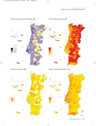 O PAÍS SOCIOECONÓMICO
Economia e desenvolvimento regional
ATLAS DE PORTUGAL IGP 187
Receitas: fundos municipais, 2002Receitas totais das Câmaras Municipais, 2002
Receitas: empréstimos, 2002 Receitas: contribuição autárquica, 2002
%
27
20
10
5
1
103 euros
719 787
500 000
100 000
50 000
10 000
%
80
75
50
40
30
20
10
%
51
50
20
10
N
0 25 50 km
871_05_Miolo_Pags175a210 06/02/02 10:21 Página 187
 