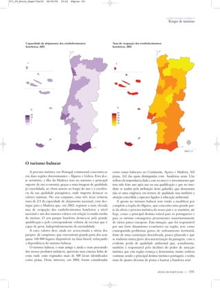 O PAÍS SOCIOECONÓMICO
Tempo de turismo
ATLAS DE PORTUGAL IGP 191
O turismo balnear
A procura turística em Portugal continental concentra-se
em duas regiões determinantes – Algarve e Lisboa. Fora des-
te território, a ilha da Madeira tem no turismo o principal
suporte da sua economia, graças a uma imagem de qualidade
já consolidada, ao clima ameno ao longo do ano e à excelên-
cia da sua qualidade paisagística, onde importa destacar os
valores naturais. No seu conjunto, estas três áreas reúnem
mais de 2/3 da capacidade de alojamento nacional, com des-
taque para a Madeira que, em 2002, registou a mais elevada
taxa de ocupação dos estabelecimentos hoteleiros a nível
nacional e um dos maiores valores em relação à estadia média
de turistas. O seu parque hoteleiro destaca-se pela grande
qualificação e pelo correspondente volume de receitas que é
capaz de gerar, independentemente da sazonalidade.
A estes valores deve ainda ser acrescentada a oferta dos
parques de campismo, que concentram grande parte dos seus
quase 168 000 lugares disponíveis na faixa litoral, reforçando
a dependência do turismo balnear.
O turismo balnear, o mais antigo e ainda o mais procurado
dos nossos produtos turísticos, aproveita uma extensa linha de
costa onde estão registados mais de 500 locais identificados
como praias. Deste universo, em 2004, foram consideradas
como zonas balneares no Continente, Açores e Madeira, 365
praias, 162 das quais distinguidas com bandeiras azuis. Um
reflexo da importância dada a este recurso é o investimento que
tem sido feito ano após ano na sua qualificação e que no ime-
diato se traduz pela atribuição deste galardão, que demonstra
não só uma exigência em termos de qualidade mas também a
atenção concedida a aspectos ligados à educação ambiental.
A aposta no turismo balnear tem vindo a modificar por
completo a região do Algarve, que concentra uma grande par-
te da oferta e procura turística do nosso país e se mantém, até
hoje, como o principal destino estival para os portugueses e
para os turistas estrangeiros provenientes maioritariamente
de vários países europeus. Esta situação, que foi responsável
por um forte dinamismo económico na região, teve como
contrapartida problemas graves de ordenamento territorial,
fruto de uma construção desenfreada, pouco planeada e que
se traduziu numa grave descaracterização da paisagem, com a
evidente perda de qualidade ambiental que, actualmente,
também é responsável pelo declínio do poder de atracção
turística que esta região começa a demonstrar, muito embora
continue sendo o principal destino turístico português, e tenha
mais de quatro dezenas de praias a hastear a bandeira azul.
Capacidade de alojamento dos estabelecimentos
hoteleiros, 2001
Taxa de ocupação dos estabelecimentos
hoteleiros, 2002
%
40
20
5
1
%
60
50
40
30
20
N
0 25 50 km
871_05_Miolo_Pags175a210 06/02/02 10:22 Página 191
 