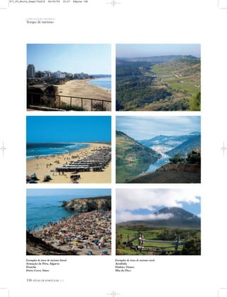 O PAÍS SOCIOECONÓMICO
Tempo de turismo
196 ATLAS DE PORTUGAL IGP
Exemplos de áreas de turismo litoral
Armação de Pêra, Algarve
Peniche
Porto Covo, Sines
Exemplos de áreas de turismo rural
Arrábida
Pinhão, Douro
Ilha do Pico
871_05_Miolo_Pags175a210 06/02/02 10:27 Página 196
 
