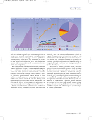 O PAÍS SOCIOECONÓMICO
Tempo de turismo
mais de 11 milhões em 2002. Estes números são o reflexo de
um processo que ainda mantém a sua principal aposta no
turismo balnear mas que começa já a dar passos significativos
noutros produtos turísticos que urge desenvolver, na medida
em que as quebras sentidas neste sector nos últimos anos
também se devem ao surgimento de novos destinos interna-
cionais mais competitivos.
O facto do turismo balnear permanecer como o principal
produto turístico em Portugal, e a sua incapacidade para esca-
par à condicionante sazonal, representa uma importante fragi-
lidade deste sector, que conduz simultaneamente à excessiva
concentração regional do fenómeno, como demonstra o Algar-
ve. Entretanto, outra fragilidade importa apontar ao sector
turístico português: a excessiva concentração da sua procura
turística num número reduzido de mercados. Portugal é um
destino turístico procurado essencialmente por europeus (em
2002, mais de 80% dos turistas estrangeiros eram oriundos de
5 países europeus), sendo metade provenientes de Espanha.
Perante o reconhecimento do turismo como um dos mais
importantes recursos económicos nacionais, num tempo que
privilegia o lazer e as viagens, transformando os espaços em
espectáculos para consumo turístico, torna-se cada vez mais
evidente a necessidade de Portugal se abrir a novos mercados
e de apostar mais fortemente na promoção de produtos de
excepção. Entretanto, também é urgente trabalhar melhor no
campo da formação profissional para se atingirem melhores
padrões de qualidade.
O facto do sector turístico se encontrar sujeito a uma cons-
tante e crescente competitividade, torna-o o alvo da necessida-
de de investimentos constantes de forma a permitir a inovação
e a atracção evitando o declínio. A possibilidade ganha por
Portugal de organizar eventos de grande visibilidade como foi
o caso da Expo'98 e do Euro2004, representou uma excelente
oportunidade de promoção turística de um país que, cada vez
mais, procura a notoriedade através da dinamização e da con-
solidação do sector turístico. Entretanto, também importará
ter em conta que esta notoriedade depende bastante do espa-
ço, não só em termos de qualidades turísticas mas também de
equilíbrio e respeito pelo ambiente e pelas necessárias regras
de construção e utilização.
ATLAS DE PORTUGAL IGP 197
Entrada de turistas em Portugal, 1967/2000 Evolução dos principais países
de origem de turistas, 1984/2002
Principais origens dos turistas
entrados em Portugal, 2002
871_05_Miolo_Pags175a210 06/02/02 10:27 Página 197
 