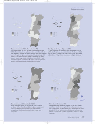 ATLAS DE PORTUGAL IGP 205
População residente por alojamento, 2001
A média de residentes por alojamento é baixa no Continente: 2,04 em
2001. As sub-regiões que apresentam média mais elevada, acima de 2,5
mas sem chegar a 3, situam-se no Norte do país: Cávado, Ave, Tâmega
e Entre-Douro e Vouga. A estas acrescentam-se as Regiões Autónomas.
Alojamentos por cada 100 famílias residentes, 2001
Em Portugal existiam, em 2001, em média, 138 alojamentos por cada
100 famílias residentes. As sub-regiões com valores acima desta média são
as de abandono de habitações por efeito da emigração, quase todas no interior
norte de Portugal; e o Algarve, onde se atingem 185 alojamentos por 100
famílias. As sub-regiões com menor número de alojamentos por família
situam-se todas ao longo da costa ocidental, entre os rios Minho e Sado,
com algumas extensões para o interior. As Regiões Autónomas apresentam
também o mais baixo número de alojamentos por 100 famílias.
180 a 185
140 a 179
120 a 139
2,5 a 2,9
2,0 a 2,4
1,5 a 1,9
<1,5
Taxa média de mortalidade infantil, 1998/2002
Mostra valores mais elevados nas sub-regiões do Norte de Portugal,
na Grande Lisboa, Oeste, Alentejo Litoral e Algarve, ou seja, mantém
valores mais desfavoráveis em sub-regiões onde tradicionalmente
esta taxa é mais elevada e também nas sub-regiões urbanas mais
cosmopolitas.
%
5 a 7,5
2 a 5
<2
Índice de envelhecimento, 2002
Apresenta uma média elevada para Portugal: 108 em 2002, e valores
especialmente elevados nas sub-regiões do interior do país, com destaque
para o Pinhal Interior Sul, Beira Interior Sul e Alto Alentejo, com valores
acima de 200. As sub-regiões menos envelhecidas estão no litoral norte,
rodeando o Grande Porto, e também a Península de Setúbal e as Regiões
Autónomas.
>200
150 a 200
100 a 149
<100
N
0 25 50 km
O PAÍS SOCIOECONÓMICO
Políticas do território
871_05_Miolo_Pags175a210 06/02/02 10:28 Página 205
 