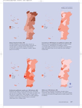 ATLAS DE PORTUGAL IGP 207
Balanço Depósitos/Créditos, 2002
Nos bancos portugueses, revela um país urbano ‘devedor’ nas
sub-regiões urbanas ao longo do litoral português contrastando com
o país que aforra, nas sub-regiões interiores, onde dominam
as remessas dos emigrantes ou ex-emigrantes; e também o Algarve,
aqui por via do turismo.
Licenciados por 1 000 habitantes com qualificação académica, 2001
Revela-nos um país com qualificação pouco elevada: em média só existem
71 licenciados por 1 000 habitantes com qualificação académica.
As sub-regiões melhor posicionadas são as que detêm as mais importantes e
antigas universidades do país, caso do Grande Porto, Baixo Mondego e
Grande Lisboa.
Profissionais qualificados e quadros por 1 000 habitantes, 2001
Evidenciam uma média de 115 destes profissionais para o total do País,
sendo mais baixa nas Regiões Autónomas. As sub-regiões com médias acima
deste valor são o Grande Porto, o Baixo Mondego, a Grande Lisboa e
a Península de Setúbal. De resto, as sub-regiões com melhor qualificação
encontram-se entre as urbanas do litoral, às quais se acrescentam
a Beira Interior Sul e o Alentejo central.
Nº
>150
91 a 150
71 a 90
50 a 70
Médicos por 1 000 habitantes, 2002
Revela as maiores concentrações nas principais sub-regiões urbanas,
Grande Porto, Baixo Mondego e Grande Lisboa e uma evidente rarefacção
na maior parte do território de Portugal (número de médicos segundo o local
de residência).
Nº
>5
2 a 5
<2
>1,5
1 a 1,5
<1
Nº
>100
81 a 100
30 a 80
N
0 25 50 km
O PAÍS SOCIOECONÓMICO
Políticas do território
871_05_Miolo_Pags175a210 06/02/02 10:28 Página 207
 