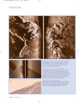 30 ATLAS DE PORTUGAL IGP
UM PAÍS DE ÁREA REPARTIDA
O mar que nos envolve
1. Afloramentos rochosos na costa Norte da ilha da Madeira
Sonografia (imagem acústica) obtida com um sonar de varrimento
lateral, a 400kHz, na costa Norte da ilha da Madeira, na qual é
possível observar afloramentos rochosos com vários metros de
altura, típicos de zonas de origem vulcânica.
2. Sedimentos na costa Norte da ilha da Madeira
Sonografia (imagem acústica) obtida com um sonar de varrimento
lateral, a 400kHz, na costa Norte da ilha da Madeira. A imagem
corresponde a uma zona aplanada onde se observam manchas mais
escuras, correspondentes a depósitos de sedimento fino, que cobrem
parcialmente o fundo de areia grosseira. A areia apresenta fissuras
sedimentares que se desenvolvem transversalmente à corrente,
indicadoras de transporte pelo fundo, designadas ripples.
3. Perfil da costa Sul da ilha da Madeira
Perfil de reflexão sísmica de elevada resolução obtido na costa Sul da
ilha da Madeira com um sistema tipo sparker. A cobertura sedimentar,
onde se pode observar uma sequência progadante, assenta sobre uma
superfície rochosa, aplanada durante a subida do nível do mar.
1
2
3
871_05_Miolo_Pags1a80 06/02/01 12:21 Página 30
 