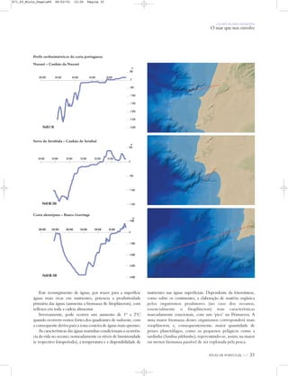 ATLAS DE PORTUGAL IGP 33
UM PAÍS DE ÁREA REPARTIDA
O mar que nos envolve
Perfis orobatimétricos da costa portuguesa
Este ressurgimento de águas, por trazer para a superfície
águas mais ricas em nutrientes, potencia a produtividade
primária das águas (aumenta a biomassa de fitoplâncton), com
reflexos em toda a cadeia alimentar.
Inversamente, pode ocorrer um aumento de 1º a 2ºC
quando ocorrem ventos fortes dos quadrantes de sudoeste, com
a consequente deriva para a zona costeira de águas mais quentes.
As características das águas marinhas condicionam a ocorrên-
cia da vida no oceano, nomeadamente os níveis de luminosidade
(e respectivo fotoperíodo), a temperatura e a disponibilidade de
nutrientes nas águas superficiais. Dependente da fotossíntese,
como sobre os continentes, a elaboração de matéria orgânica
pelos organismos produtores (no caso dos oceanos,
essencialmente o fitoplâncton) tem características
marcadamente estacionais, com um ‘pico’ na Primavera. A
uma maior biomassa destes organismos corresponderá mais
zooplâncton, e, consequentemente, maior quantidade de
peixes planctófagos, como os pequenos pelágicos como a
sardinha (Sardina pilchardus), repercutindo-se, assim, na maior
ou menor biomassa passível de ser explorada pela pesca.
500
0
-500
-1 000
-1 500
10 00020 00030 00040 00050 00060 000
Perfil NE-SW
m
50 000100 000150 000
1 000
0
-1 000
-2 000
-3 000
-4 000
200 000250 000300 000
Perfil NE-SW
m
Perfil E-W
500
0
-500
-1 000
-1 500
-2 000
-2 500
-3 000
20 00040 00060 00080 000100 000
m
Costa alentejana – Banco Gorringe
Serra da Arrábida – Canhão de Setúbal
Nazaré – Canhão da Nazaré
871_05_Miolo_Pags1a80 06/02/01 12:34 Página 33
 