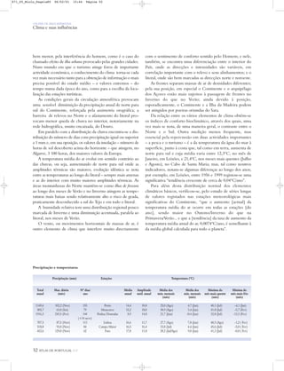 52 ATLAS DE PORTUGAL IGP
UM PAÍS DE ÁREA REPARTIDA
Clima e suas influências
Total Max. diária Nº dias/ Média Amplitude Média dos Média dos Máxima do Mínima do
anual (mês) ano anual méd. anual máx. mensais mín. mensais mês mais quente mês mais frio
(mês) (mês) (mês) (mês)
Precipitação (mm) Estações Temperatura (ºC)
1149,6 102,2 (Nov) 155 Porto 14,4 10,8 25,0 (Ago) 4,7 (Jan) 40,1 (Jul) -4,1 (Jan)
505,7 63,0 (Set) 79 Moncorvo 15,2 18,0 30,9 (Ago) 3,4 (Jan) 41,8 (Jul) -5,7 (Fev)
1916,3 243,5 (Fev) 144 Penhas Douradas 8,9 14,8 21,7 (Jun) -0,4 (Jan) 32,8 (Jul) -13,3 (Fev)
(+34 neve)
707,5 87,5 (Nov) 113 Lisboa 16,6 11,7 27,7 (Ago) 7,8 (Jan) 40,3 (Ago) -1,2 ( Fev)
518,8 93,0 (Nov) 84 Campo Maior 16,5 16,4 33,8 (Jul) 4,4 (Jan) 45,6 (Jul) -5,0 ( Fev)
452,6 129,0 (Nov) 62 Faro 17,8 11,8 28,2 (Jul/Ago) 9,0 (Jan) 41,3 (Jul) -0,8 ( Fev)
Precipitação e temperaturas
bem menor, pela interferência do homem, como é o caso do
chamado efeito de ilha urbana provocado pelas grandes cidades.
Num mundo em que o turismo atinge foros de importante
actividade económica, o conhecimento do clima torna-se cada
vez mais necessário tanto para a obtenção de informação o mais
precisa possível do estado médio – e valores extremos – do
tempo numa dada época do ano, como para a escolha da loca-
lização das estações turísticas.
As condições gerais da circulação atmosférica provocam
uma sensível diminuição da precipitação anual de norte para
sul do Continente, reforçada pela assimetria orográfica; a
barreira de relevos no Norte e o afastamento do litoral pro-
vocam menor queda de chuva no interior, notoriamente na
rede hidrográfica, muito encaixada, do Douro.
Em paralelo com a distribuição da chuva encontra-se a dis-
tribuição do número de dias com precipitação igual ou superior
a 1 mm e, em sua oposição, os valores da insolação – número de
horas de sol descoberto acima do horizonte – que atingem, no
Algarve, 3 100 horas, dos maiores valores da Europa.
A temperatura média do ar evolui em sentido contrário ao
das chuvas, ou seja, aumentando de norte para sul onde as
amplitudes térmicas são maiores; evolução idêntica se nota
entre as temperaturas ao longo do litoral – sempre mais amenas
e as do interior com muito maiores amplitudes térmicas. As
áreas montanhosas do Norte mantêm-se como ilhas de frescura
ao longo dos meses de Verão e no Inverno atingem as tempe-
raturas mais baixas sendo relativamente alto o risco de geada,
praticamente desconhecido a sul do Tejo e em todo o litoral.
A humidade relativa tem uma distribuição regional pouco
marcada de Inverno e uma diminuição acentuada, paralela ao
litoral, nos meses de Verão.
O vento, ou movimentos horizontais de massas de ar, é
outro elemento de clima que interfere muito directamente
com o sentimento de conforto sentido pelo Homem; e nele,
também, se encontra uma diferenciação entre o interior do
País, onde as direcções e intensidades são variáveis, em
correlação importante com o relevo e seus alinhamentos; e o
litoral, onde são bem marcadas as direcções norte e noroeste.
As frentes separam massas de ar de densidades diferentes;
pela sua posição, em especial o Continente e o arquipélago
dos Açores estão mais sujeitos à passagem de frentes no
Inverno do que no Verão; ainda devido à posição,
esporadicamente, o Continente e a Ilha da Madeira podem
ser atingidos por poeiras oriundas do Sara.
Da relação entre os vários elementos de clima obtêm-se
os índices de conforto bioclimático, através dos quais, uma
vez mais se nota, de uma maneira geral, o contraste entre o
Norte e o Sul. Outra medição menos frequente, mas
essencial pela repercussão em duas actividades importantes
– a pesca e o turismo – é a da temperatura da água do mar à
superfície, junto à costa que, tal como em terra, aumenta de
norte para sul e cuja média varia entre 12,3ºC, no mês de
Janeiro, em Leixões, e 21,4ºC, nos meses mais quentes (Julho
e Agosto), no Cabo de Santa Maria; mas, tal como noutros
indicadores, notam-se algumas diferenças ao longo dos anos;
por exemplo, em Leixões, entre 1956 e 1999 registou-se uma
significativa “tendência crescente de cerca de 0,04ºC/ano”.
Para além desta distribuição normal dos elementos
climáticos básicos, verificou-se, pelo estudo de séries longas
de valores registados nas estações meteorológicas mais
significativas do Continente, “que o aumento [actual] da
temperatura média do ar ocorre em todas as estações [do
ano], sendo maior no Outono/Inverno do que na
Primavera/Verão... e que a [tendência] da taxa de aumento da
temperatura média anual do ar, 0,0074ºC/ano, é semelhante à
da média global calculada para todo o planeta”.
871_05_Miolo_Pags1a80 06/02/01 15:44 Página 52
 