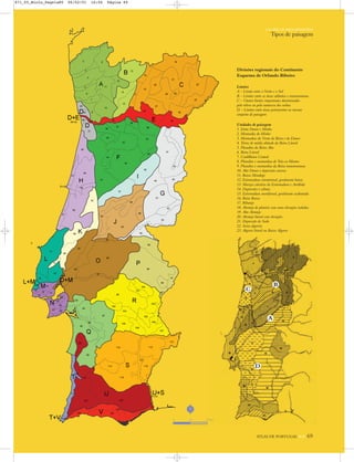 ATLAS DE PORTUGAL IGP 69
UM PAÍS DE ÁREA REPARTIDA
Tipos de paisagem
Divisões regionais do Continente
Esquema de Orlando Ribeiro
Limites
A – Limite entre o Norte e o Sul
B – Limites entre as áreas atlântica e transmontana
C – Outros limites importantes determinados
pelo relevo ou pela natureza das rochas
D – Limites entre áreas pertencentes ao mesmo
conjunto de paisagens
Unidades de paisagem
1. Entre Douro e Minho
2. Montanha do Minho
3. Montanhas do Norte da Beira e do Douro
4. Terras de média altitude da Beira Litoral
5. Planaltos da Beira Alta
6. Beira Litoral
7. Cordilheira Central
8. Planaltos e montanhas de Trás-os-Montes
9. Planaltos e montanhas da Beira transmontana
10. Alto Douro e depressões anexas
11. Baixo Mondego
12. Estremadura setentrional, geralmente baixa
13. Maciços calcários da Estremadura e Arrábida
14. Depressões e colinas
15. Estremadura meridional, geralmente acidentada
16. Beira Baixa
17. Ribatejo
18. Alentejo de planície com raras elevações isoladas
19. Alto Alentejo
20. Alentejo litoral com elevações
21. Depressão do Sado
22. Serra algarvia
23. Algarve litoral ou Baixo Algarve
A
D
B
C
N
0 25 50 km
871_05_Miolo_Pags1a80 06/02/01 16:04 Página 69
 