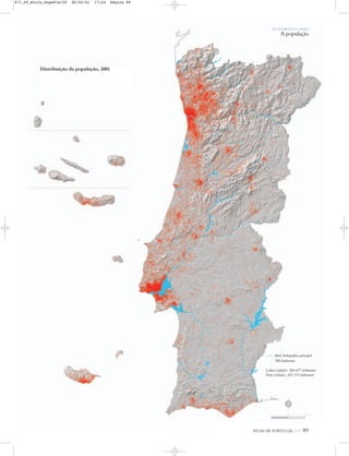 ATLAS DE PORTUGAL IGP 89
Distribuição da população, 2001
OS HOMENS E O MEIO
A população
Rede hidrográfica principal
500 habitantes
Lisboa (cidade): 564 657 habitantes
Porto (cidade): 263 131 habitantes
N
0 25 50 km
871_05_Miolo_Pags81a130 06/02/01 17:24 Página 89
 