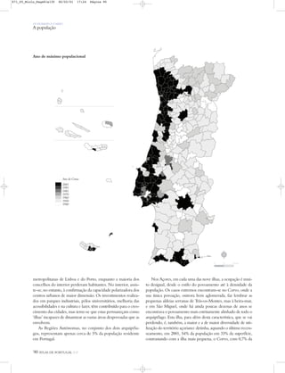 90 ATLAS DE PORTUGAL IGP
Ano de máximo populacional
OS HOMENS E O MEIO
A população
metropolitanas de Lisboa e do Porto, enquanto a maioria dos
concelhos do interior perderam habitantes. No interior, assis-
te-se, no entanto, à confirmação da capacidade polarizadora dos
centros urbanos de maior dimensão. Os investimentos realiza-
dos em parques industriais, pólos universitários, melhoria das
acessibilidades e na cultura e lazer, têm contribuído para o cres-
cimento das cidades, mas teme-se que estas permaneçam como
‘ilhas’ incapazes de dinamizar as vastas áreas despovoadas que as
envolvem.
As Regiões Autónomas, no conjunto dos dois arquipéla-
gos, representam apenas cerca de 5% da população residente
em Portugal.
Nos Açores, em cada uma das nove ilhas, a ocupação é mui-
to desigual, desde o estilo do povoamento até à densidade da
população. Os casos extremos encontram-se no Corvo, onde a
sua única povoação, outrora bem aglomerada, faz lembrar as
pequenas aldeias serranas de Trás-os-Montes, mas à beira-mar,
e em São Miguel, onde há ainda poucas dezenas de anos se
encontrava o povoamento mais estritamente alinhado de todo o
arquipélago. Esta ilha, para além desta característica, que se vai
perdendo, é, também, a maior e a de maior diversidade de uti-
lização do território açoriano: detinha, aquando o último recen-
seamento, em 2001, 54% da população em 33% da superfície,
contrastando com a ilha mais pequena, o Corvo, com 0,7% da
Ano do Censo
2001
1991
1981
1970
1960
1950
1940
N
0 25 50 km
871_05_Miolo_Pags81a130 06/02/01 17:24 Página 90
 