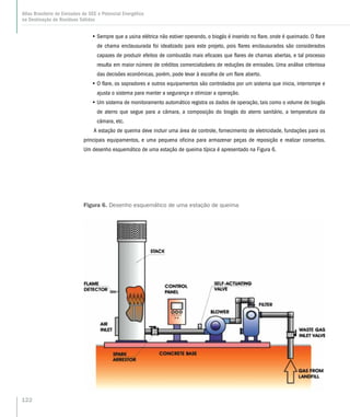 •• 	Sempre que a usina elétrica não estiver operando, o biogás é inserido no flare, onde é queimado. O flare
de chama enclausurada foi idealizado para este projeto, pois flares enclausurados são considerados
capazes de produzir efeitos de combustão mais eficazes que flares de chamas abertas, e tal processo
resulta em maior número de créditos comercializáveis de reduções de emissões. Uma análise criteriosa
das decisões econômicas, porém, pode levar à escolha de um flare aberto.
•• 	O flare, os sopradores e outros equipamentos são controlados por um sistema que inicia, interrompe e
ajusta o sistema para manter a segurança e otimizar a operação.
•• 	Um sistema de monitoramento automático registra os dados de operação, tais como o volume de biogás
de aterro que segue para a câmara, a composição do biogás do aterro sanitário, a temperatura da
câmara, etc.
A estação de queima deve incluir uma área de controle, fornecimento de eletricidade, fundações para os
principais equipamentos, e uma pequena oficina para armazenar peças de reposição e realizar consertos.
Um desenho esquemático de uma estação de queima típica é apresentado na Figura 6.
Figura 6. Desenho esquemático de uma estação de queima
122
Atlas Brasileiro de Emissões de GEE e Potencial Energético
na Destinação de Resíduos Sólidos
 