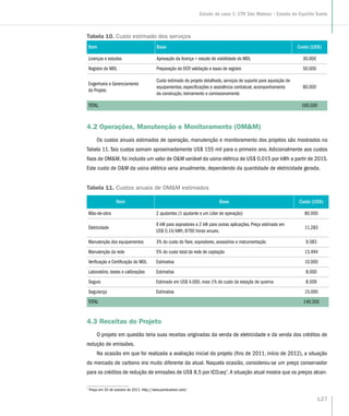 4.2 Operações, Manutenção e Monitoramento (OMM)
Os custos anuais estimados de operação, manutenção e monitoramento dos projetos são mostrados na
Tabela 11. Tais custos somam aproximadamente US$ 155 mil para o primeiro ano. Adicionalmente aos custos
fixos de OMM, foi incluido um valor de OM variável da usina elétrica de US$ 0,015 por kWh a partir de 2015.
Este custo de OM da usina elétrica varia anualmente, dependendo da quantidade de eletricidade gerada.
Tabela 10. Custo estimado dos serviços
Item Base Custo (US$)
Licenças e estudos Aprovação da licença + estudo de viabilidade do MDL 30.000
Registro do MDL Preparação do DCP, validação e taxas de registro 50.000
Engenharia e Gerenciamento
do Projeto
Custo estimado do projeto detalhado, serviços de suporte para aquisição de
equipamentos, especificações e assistência contratual, acompanhamento
da construção, treinamento e comissionamento
80.000
TOTAL 160.000
Tabela 11. Custos anuais de OMM estimados
Item Base Custo (US$)
Mão-de-obra 2 ajudantes (1 ajudante e um Líder de operação) 80.000
Eletricidade
6 kW para sopradores e 2 kW para outras aplicações. Preço estimado em
US$ 0,14/kWh, 8760 horas anuais.
11.283
Manutenção dos equipamentos 3% do custo do flare, sopradores, acessórios e instrumentação 9.583
Manutenção da rede 5% do custo total da rede de captação 13.494
Verificação e Certificação do MDL Estimativa 10.000
Laboratório, testes e calibrações Estimativa 8.000
Seguro Estimado em US$ 4.000, mais 1% do custo da estação de queima 8.509
Segurança Estimativa 15.000
TOTAL 140.350
4.3 Receitas do Projeto
O projeto em questão teria suas receitas originadas da venda de eletricidade e da venda dos créditos de
redução de emissões.
Na ocasião em que foi realizada a avaliação inicial do projeto (fins de 2011, início de 2012), a situação
do mercado de carbono era muito diferente da atual. Naquela ocasião, considerou-se um preço conservador
para os créditos de redução de emissões de US$ 8,5 por tCO2eq7
.A situação atual mostra que os preços alcan-
7
Preço em 20 de outubro de 2011. http://www.pointcarbon.com/
127
Estudo de caso 1: CTR São Mateus – Estado do Espírito Santo
 