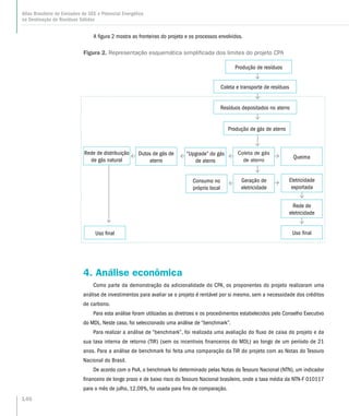 A figura 2 mostra as fronteiras do projeto e os processos envolvidos.
Figura 2. Representação esquemática simplificada dos limites do projeto CPA
Rede de distribuição
de gás natural
Uso final
Dutos de gás de
aterro
“Upgrade” do gás
de aterro
Coleta de gás
de aterro
Produção de gás de aterro
Resíduos depositados no aterro
Coleta e transporte de resíduos
Produção de resíduos
Queima
Geração de
eletricidade
Consumo no
próprio local
Eletricidade
exportada
Rede de
eletricidade
Uso final
4. Análise econômica
Como parte da demonstração da adicionalidade do CPA, os proponentes do projeto realizaram uma
análise de investimentos para avaliar se o projeto é rentável por si mesmo, sem a necessidade dos créditos
de carbono.
Para esta análise foram utilizadas as diretrizes e os procedimentos estabelecidos pelo Conselho Executivo
do MDL. Neste caso, foi seleccionado uma análise de “benchmark”.
Para realizar a análise de “benchmark”, foi realizada uma avaliação do fluxo de caixa do projeto e da
sua taxa interna de retorno (TIR) (sem os incentivos financeiros do MDL) ao longo de um período de 21
anos. Para a análise de benchmark foi feita uma comparação da TIR do projeto com as Notas do Tesouro
Nacional do Brasil.
De acordo com o PoA, o benchmark foi determinado pelas Notas do Tesouro Nacional (NTN), um indicador
financeiro de longo prazo e de baixo risco do Tesouro Nacional brasileiro, onde a taxa média da NTN-F 010117
para o mês de julho, 12,09%, foi usada para fins de comparação.
146
Atlas Brasileiro de Emissões de GEE e Potencial Energético
na Destinação de Resíduos Sólidos
 