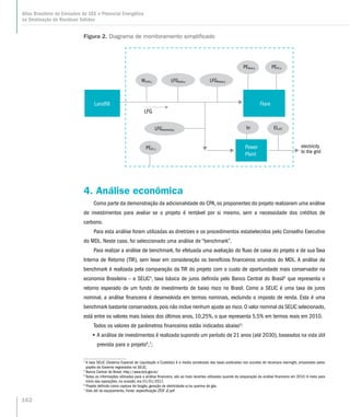 4. Análise econômica
Como parte da demonstração da adicionalidade do CPA, os proponentes do projeto realizaram uma análise
de investimentos para avaliar se o projeto é rentável por si mesmo, sem a necessidade dos créditos de
carbono.
Para esta análise foram utilizadas as diretrizes e os procedimentos estabelecidos pelo Conselho Executivo
do MDL. Neste caso, foi seleccionado uma análise de “benchmark”.
Para realizar a análise de benchmark, foi efetuada uma avaliação do fluxo de caixa do projeto e de sua Taxa
Interna de Retorno (TIR), sem levar em consideração os benefícios financeiros oriundos do MDL. A análise de
benchmark é realizada pela comparação da TIR do projeto com o custo de oportunidade mais conservador na
economia Brasileira – a SELIC3
, taxa básica de juros definida pelo Banco Central do Brasil4
que representa o
retorno esperado de um fundo de investimento de baixo risco no Brasil. Como a SELIC é uma taxa de juros
nominal, a análise financeira é desenvolvida em termos nominais, excluindo o imposto de renda. Esta é uma
benchmark bastante conservadora,pois não inclue nenhum ajuste ao risco.O valor nominal da SELIC selecionado,
está entre os valores mais baixos dos últimos anos, 10,25%, o que representa 5,5% em termos reais em 2010.
Todos os valores de parâmetros financeiros estão indicados abaixo5
:
•• A análise de investimentos é realizada supondo um período de 21 anos (até 2030), baseados na vida útil
prevista para o projeto6
,7
;
3
A taxa SELIC (Sistema Especial de Liquidação e Custódia) é a media ponderada das taxas praticadas nos acordos de recompra overnight, amparados pelos
papéis do Governo registrados na SELIC.
4
Banco Central do Brasil, http://www.bcb.gov.br/
5
Todas as informações utilizadas para a análise financeira, são as mais recentes utilizadas quando da preparação da análise financeira em 2010. A meta para
início das operações, na ocasião, era 01/01/2011.
6
Projeto definido como captura de biogás, geração de eletricidade e/ou queima de gás.
7
Vida útil do equipamento, Fonte: especificação ZTOF JZ.pdf
Figura 2. Diagrama de monitoramento simplificado
LFG
LFGelectricity,y
PEEC,y
ELLFC
PEFC,yPEflare,y
LFGflared,yLFGtotal,yWCH4,y
hr
electricity
to the grid
Landfill Flare
Power
Plant
162
Atlas Brasileiro de Emissões de GEE e Potencial Energético
na Destinação de Resíduos Sólidos
 