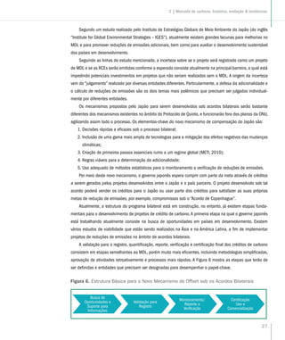 27
Segundo um estudo realizado pelo Instituto de Estratégias Globais de Meio Ambiente do Japão (do inglês
“Institute for Global Environmental Strategies – IGES”), atualmente existem grandes lacunas para melhorias no
MDL e para promover reduções de emissões adicionais, bem como para auxiliar o desenvolvimento sustentável
dos países em desenvolvimento.
Seguindo as linhas do estudo mencionado, a incerteza sobre se o projeto será registrado como um projeto
de MDL e se as RCEs serão emitidas conforme o esperado consiste atualmente na principal barreira, a qual está
impedindo potenciais investimentos em projetos que não seriam realizados sem o MDL. A origem da incerteza
vem do “julgamento” realizado por diversas entidades diferentes. Particularmente, a defesa da adicionalidade e
o cálculo de reduções de emissões são os dois temas mais polêmicos que precisam ser julgados individual-
mente por diferentes entidades.
Os mecanismos propostos pelo Japão para serem desenvolvidos sob acordos bilaterais serão bastante
diferentes dos mecanismos existentes no âmbito do Protocolo de Quioto, e funcionarão fora dos planos da ONU,
agilizando assim todo o processo. Os elementos-chave do novo mecanismo de compensação do Japão são:
1. Decisões rápidas e eficazes sob o processo bilateral;
2. Inclusão de uma gama mais ampla de tecnologias para a mitigação dos efeitos negativos das mudanças
climáticas;
3. Criação de primeiros passos essenciais rumo a um regime global (METI, 2010);
4. Regras viáveis para a determinação da adicionalidade;
5. Uso adequado de métodos estatísticos para o monitoramento e verificação de reduções de emissões.
Por meio deste novo mecanismo, o governo japonês espera cumprir com parte da meta através de créditos
a serem gerados pelos projetos desenvolvidos entre o Japão e o país parceiro. O projeto desenvolvido sob tal
acordo poderá vender os créditos para o Japão ou usar parte dos créditos para satisfazer as suas próprias
metas de redução de emissões, por exemplo, compromissos sob o “Acordo de Copenhague”.
Atualmente, a estrutura do programa bilateral está em construção, no entanto, já existem etapas funda-
mentais para o desenvolvimento de projetos de crédito de carbono.A primeira etapa na qual o governo japonês
está trabalhando atualmente consiste na busca de oportunidades em países em desenvolvimento. Existem
vários estudos de viabilidade que estão sendo realizados na Ásia e na América Latina, a fim de implementar
projetos de reduções de emissões no âmbito de acordos bilaterais.
A validação para o registro, quantificação, reporte, verificação e certificação final dos créditos de carbono
consistem em etapas semelhantes ao MDL, porém muito mais eficientes, incluindo metodologias simplificadas,
aprovação de atividades retroativamente e processos mais rápidos. A Figura 6 mostra as etapas que terão de
ser definidas e entidades que precisam ser designadas para desempenhar o papel-chave.
Busca de
Oportunidades e
Suporte para
Informações
Validação para
Registro
Monitoramento/
Reporte e
Verificação
Certificação
Uso e
Comercialização
Figura 6. Estrutura Básica para o Novo Mecanismo de Offset sob os Acordos Bilaterais
2 | Mercado de carbono, histórico, evolução  tendências
 