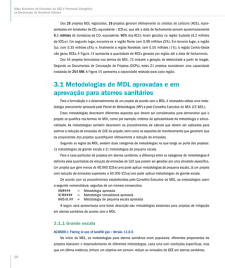 36
Atlas Brasileiro de Emissões de GEE e Potencial Energético
na Destinação de Resíduos Sólidos
Dos 28 projetos MDL registrados, 19 projetos geraram efetivamente os créditos de carbono (RCEs, repre-
sentados em toneladas de CO2 equivalente – tCO2e), que até a data de fechamento somam aproximadamente
9,1 milhões de toneladas de CO2 equivalente. 90% dos RCEs foram gerados na região Sudeste (8,2 milhões
de tCO2e). Em segundo lugar, encontra-se a região Norte com 0,48 milhões (5%). Em terceiro lugar, a região
Sul, com 0,35 milhões (4%) e, finalmente a região Nordeste, com 0,05 milhões (1%). A região Centro-Oeste
não gerou RCEs. A Figura 14 apresenta a quantidade de RCEs geradas por região até a data de fechamento.
Dos 46 projetos formulados nos termos do MDL, 21 incluem a geração de eletricidade a partir do biogás.
Segundo os Documentos de Concepção de Projetos (DCPs), estes 21 projetos consideram uma capacidade
instalada de 254 MW. A Figura 15 apresenta a capacidade relatada para cada região.
3.1 Metodologias de MDL aprovadas e em
aprovação para aterros sanitários
Para a formulação e o desenvolvimento de um projeto de acordo com o MDL, é necessário utilizar uma meto-
dologia previamente aprovada pelo Painel de Metodologias (MP) e pelo Conselho Executivo do MDL (CE MDL).
Estas metodologias descrevem diferentes aspectos que devem ser considerados para demonstrar que o
projeto se qualifica nos termos do MDL, como por exemplo, critérios de aplicabilidade da metodologia e adicio-
nalidade. As metodologias também descrevem os procedimentos de cálculo que devem ser aplicados para
estimar a redução de emissões de GEE do projeto, bem como os aspectos de monitoramento que garantam que
os proponentes dos projetos quantifiquem efetivamente a redução de emissões.
Segundo as regras do MDL, existem duas categorias de metodologias no que tange ao porte dos projetos:
1) metodologias de grande escala e 2) metodologias de pequena escala.
Para o caso particular de projetos em aterros sanitários, a diferença entre as categorias de metodologias é
definida pela quantidade de redução de emissões de GEE que podem ser geradas por uma atividade específica.
Um projeto que gere menos de 60.000 tCO2e/ano pode aplicar metodologias de pequena escala. Já um projeto
com redução de emissões superiores a 60.000 tCO2e/ano pode aplicar metodologias de grande escala.
De acordo com os procedimentos estabelecidos pelo Conselho Executivo do MDL, as metodologias usam
a seguinte nomenclatura, seguidas de um número consecutivo:
AM#### = Metodologia aprovada
ACM#### = Metodologia consolidada aprovada
AMS-III.## = Metodologia de pequena escala aprovada
A seguir, será apresentada uma breve descrição das metodologias existentes para projetos de mitigação
em aterros sanitários de acordo com o MDL.
3.1.1 Grande escala
ACM0001: Flaring or use of landfill gas – Versão 13.0.0
No início do MDL, as metodologias para aterros sanitários eram populares; diferentes proponentes de
projetos lideraram o desenvolvimento de diferentes metodologias, cada uma com condições específicas, mas
que em última instância, tinham um objetivo em comum: reduzir as emissões de GEE em aterros sanitários.
 