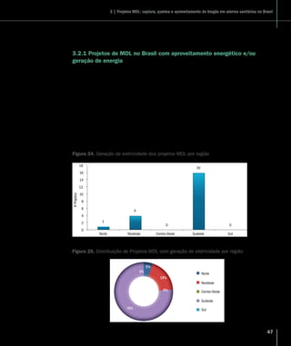 47
A Tabela 4 apresenta uma lista de projetos por região e por estado.Adicionalmente, estão inclusos o nome
específico do projeto, o status do projeto dentro do ciclo MDL e a metodologia aplicada.
3.2.1 Projetos de MDL no Brasil com aproveitamento energético e/ou
geração de energia
Dos 46 projetos de MDL no setor de resíduos sólidos e aterros no Brasil, 23 incluem o aproveitamento
energético do biogás, ou seja, 50% dos projetos. Destes, 22 incluem geração de eletricidade e somente 1 con-
siderava a purificação do biogás para posteriormente injetá-lo em uma rede de gás natural. Contudo, este
último projeto foi retirado pelos proponentes do projeto.
No total, a capacidade instalada para geração de eletricidade declarada nos DCPs desses projetos é de
254 MW.
Três regiões contam com projetos reportados: a região Sudeste é a região com o maior número de projetos
deste tipo, 16, representando 76% do total.A região Nordeste possui 4 projetos (19%) e a região Norte 1 (5%).
A Figura 24 e a Figura 25 mostram a quantidade e a distribuição de projetos MDL com aproveitamento
energético por região.
Figura 24. Geração de eletricidade dos projetos MDL por região
1
4
0
16
0
0
2
4
6
8
10
12
14
16
18
Norte Nordeste Centro-Oeste Sudeste Sul
#Projetos
Figura 25. Distribuição de Projetos MDL com geração de eletricidade por região
Norte
Nordeste
Centro-Oeste
Sudeste
Sul
0%
0%
5%
19%
76%
3 | Projetos MDL: captura, queima e aproveitamento de biogás em aterros sanitários no Brasil
 