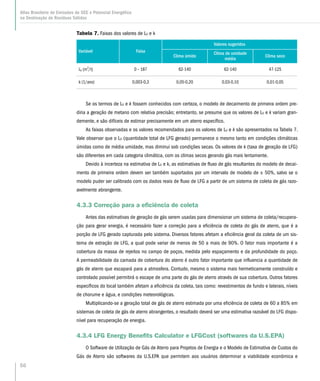 56
Atlas Brasileiro de Emissões de GEE e Potencial Energético
na Destinação de Resíduos Sólidos
Se os termos de L0 e k fossem conhecidos com certeza, o modelo de decaimento de primeira ordem pre-
diria a geração de metano com relativa precisão; entretanto, se presume que os valores de L0 e k variam gran-
demente, e são difíceis de estimar precisamente em um aterro específico.
As faixas observadas e os valores recomendados para os valores de L0 e k são apresentados na Tabela 7.
Vale observar que o L0 (quantidade total de LFG gerado) permanece o mesmo tanto em condições climáticas
úmidas como de média umidade, mas diminui sob condições secas. Os valores de k (taxa de geração de LFG)
são diferentes em cada categoria climática, com os climas secos gerando gás mais lentamente.
Devido à incerteza na estimativa de L0 e k, as estimativas de fluxo de gás resultantes do modelo de decai-
mento de primeira ordem devem ser também suportados por um intervalo de modelo de ± 50%, salvo se o
modelo puder ser calibrado com os dados reais de fluxo de LFG a partir de um sistema de coleta de gás razo-
avelmente abrangente.
4.3.3 Correção para a eficiência de coleta
Antes das estimativas de geração de gás serem usadas para dimensionar um sistema de coleta/recupera-
ção para gerar energia, é necessário fazer a correção para a eficiência de coleta do gás de aterro, que é a
porção de LFG gerado capturada pelo sistema. Diversos fatores afetam a eficiência geral da coleta de um sis-
tema de extração de LFG, a qual pode variar de menos de 50 a mais de 90%. O fator mais importante é a
cobertura da massa de rejeitos no campo de poços, medida pelo espaçamento e da profundidade do poço.
A permeabilidade da camada de cobertura do aterro é outro fator importante que influencia a quantidade de
gás de aterro que escapará para a atmosfera. Contudo, mesmo o sistema mais hermeticamente construído e
controlado possível permitirá o escape de uma parte do gás de aterro através de sua cobertura. Outros fatores
específicos do local também afetam a eficiência da coleta, tais como: revestimentos de fundo e laterais, níveis
de chorume e água, e condições meteorológicas.
Multiplicando-se a geração total de gás de aterro estimada por uma eficiência de coleta de 60 a 85% em
sistemas de coleta de gás de aterro abrangentes, o resultado deverá ser uma estimativa razoável do LFG dispo-
nível para recuperação de energia.
4.3.4 LFG Energy Benefits Calculator e LFGCost (softwares da U.S.EPA)
O Software de Utilização de Gás de Aterro para Projetos de Energia e o Modelo de Estimativa de Custos do
Gás de Aterro são softwares da U.S.EPA que permitem aos usuários determinar a viabilidade econômica e
Tabela 7. Faixas dos valores de L0 e k
Variável Faixa
Valores sugeridos
Clima úmido
Clima de umidade
média
Clima seco
L0 (m3
/t) 0 – 187 62-140 62-140 47-125
k (1/ano) 0,003-0,3 0,05-0,20 0,03-0,10 0,01-0,05
 
