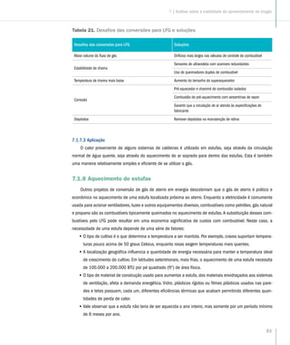 81
7.1.7.3 Aplicação
O calor proveniente de alguns sistemas de caldeiras é utilizado em estufas, seja através da circulação
normal de água quente, seja através do aquecimento do ar soprado para dentro das estufas. Esta é também
uma maneira relativamente simples e eficiente de se utilizar o gás.
7.1.8 Aquecimento de estufas
Outros projetos de conversão de gás de aterro em energia descobriram que o gás de aterro é prático e
econômico no aquecimento de uma estufa localizada próxima ao aterro. Enquanto a eletricidade é comumente
usada para acionar ventiladores, luzes e outros equipamentos diversos, combustíveis como petróleo, gás natural
e propano são os combustíveis tipicamente queimados no aquecimento de estufas.A substituição desses com-
bustíveis pelo LFG pode resultar em uma economia significativa de custos com combustível. Neste caso, a
necessidade de uma estufa depende de uma série de fatores:
•• O tipo de cultivo é o que determina a temperatura a ser mantida. Por exemplo, cravos suportam tempera-
turas pouco acima de 50 graus Celsius, enquanto rosas exigem temperaturas mais quentes.
•• A localização geográfica influencia a quantidade de energia necessária para manter a temperatura ideal
de crescimento do cultivo. Em latitudes setentrionais, mais frias, o aquecimento de uma estufa necessita
de 100.000 a 200.000 BTU por pé quadrado (ft2
) de área física.
•• O tipo de material de construção usado para aumentar a estufa, dos materiais envidraçados aos sistemas
de ventilação, afeta a demanda energética. Vidro, plásticos rígidos ou filmes plásticos usados nas pare-
des e tetos possuem, cada um, diferentes eficiências térmicas que acabam permitindo diferentes quan-
tidades de perda de calor.
•• Vale observar que a estufa não teria de ser aquecida o ano inteiro, mas somente por um período mínimo
de 6 meses por ano.
Desafios das conversões para LFG Soluções
Maior volume do fluxo de gás Orifícios mais largos nas válvulas de controle de combustível
Estabilidade de chama
Sensores de ultravioleta com scanners redundantes
Uso de queimadores duplos de combustível
Temperatura de chama mais baixa Aumento do tamanho do superaquecedor
Corrosão
Pré-aquecedor e chaminé de combustão isolados
Combustão de pré-aquecimento com serpentinas de vapor
Garantir que a circulação de ar atenda às especificações do
fabricante
Depósitos Remover depósitos na manutenção de rotina
Tabela 21. Desafios das conversões para LFG e soluções
7 | Análise sobre a viabilidade do aproveitamento do biogás
 