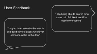 User Feedback
“I’m glad I can see who the tutor is
and don’t have to guess whenever
someone walks in the door”
“I like being able to search for a
class but I felt like it could’ve
used more options”
 