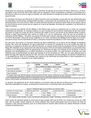 Atlas de Riesgos Naturales del Municipio de Guaymas 2011
16
derramando con frecuencia, sumándose a estos volúmenes los aportes de los arroyos El Hecho, Santa Cruz y El Seco,
que llegan al vaso del bordo Ortiz (1954-1958), para ser regulados y evitar inundaciones en poblados, comunicaciones y
terrenos de cultivo en la zona de riego por bombeo, así como favorecer la recarga del acuífero y aprovechamiento de las
aguas broncas.
Es importante mencionar que este bordo no llegó a funcionar como se esperaba, ya que cada vez que almacenaba agua
se presentaban asentamientos, deslizamientos parciales y reacomodos del enrocamiento por lo cual no se permitió el
almacenamiento en el vaso (Flores, 2008). Al oriente del bordo de Ortiz se localiza el bordo Piloto el que regula y desvía
los escurrimientos de los arroyos que se originan en la sierra del Bacatete, da protección a poblados y se aprovecha en
riego por bolseos.
Cabe mencionar que además del Río Mátape o San Marcial esta cuenca se caracteriza por no contar con corrientes
superficiales permanentes, sin embargo presenta una gran cantidad de escurrimientos superficiales de tipo intermitente,
que tienen su origen en la serie de cerros y lomeríos que rodean la zona y que drenan en las distintas bahías y esteros.
Gracias a estos escurrimientos esta cuenca se divide a su vez en subcuencas, entre las que se encuentran: la
subcuenca del Río Mátape – Empalme, que abarca el 20.56% del municipio; subcuenca del arroyo Guaymas que abarca
el 14.44% del territorio; subcuenca arroyo Tetabiate con el 7.03%; subcuenca Río Mátape-Punta de Agua con el 6.52%;
subcuenca arroyo Chicuro equivalente al 5.82% y subcuenca Guaymas equivalente al 3.03% de la superficie municipal.
Por otra parte, de acuerdo a la Comisión Nacional del Agua (CONAGUA), en la cuenca del Río Mátape se identifican
también dos zonas de explotación de agua subterránea, la primera en importancia es la del acuífero del Valle de
Guaymas y la segunda el acuífero San José de Guaymas, en conjunto ambas zonas de explotación forman el Distrito de
Riego 084, destinado al uso agropecuario del valle de Guaymas. Entre las principales problemáticas que presentan estos
acuíferos es el desequilibrio entre las extracciones de volúmenes de agua y la recarga de los acuíferos, lo que ha
generado una sobreexplotación y un déficit importante en el recurso hídrico. Por esta situación se decretó una veda
indefinida para el alumbramiento de aguas del subsuelo el 28 de noviembre de 1956, con una veda adicional para el
distrito de riego 084 Valle de Guaymas en 1967, así como una ampliación del área protegida por Decreto Presidencial el
11 de septiembre de 1978. En la actualidad, aún cuando se han disminuido las extracciones en forma importante en el
acuífero, se presenta un descenso en los niveles estáticos.
Figura 4. Condiciones de los Acuíferos del Municipio de Guaymas
ACUIFERO R
DNCOM VCAS VEXTET DAS DEFICIT
Cifras en Millones de Metros cúbicos anuales
VALLE DE GUAYMAS 100.0 0.0 104.295400 117.4 0.000000 -4.295400
SAN JOSÉ DE GUAYMAS 4.5 0.0 18.652237 8.1 0.000000 -14.152237
AGUA CALIENTE 9.41 0
R: recarga media anual; DNCOM: descarga natural comprometida; VCAS: volumen concesionado de agua subterránea; VEXTET: volumen de
extracción de agua subterránea consignado en estudios técnicos; DAS: disponibilidad media anual de agua subterránea.
Fuente: CONAGUA (2009), Actualizaciones de la disponibilidad media anual de agua subterránea de los acuíferos Valle de Guaymas, San José de
Guaymas y Agua Caliente. Aprovechamiento de los acuíferos por municipio
La situación del abatimiento de los niveles freáticos y la intrusión salina de algunos acuíferos han puesto en peligro el
desarrollo sustentable de la región, amenazando la economía de un importante sector de la población.
Figura 5. Calidad del agua en los acuíferos con intrusión salina
Acuíferos con intrusión salina Calidad del agua (STD) Subregión Extracciones (hm3) Condición Geohidrológica
San José de Guaymas 500 – 3,000 Yaqui – Mátape 112 Sobreexplotado
Valle de Guaymas 400 – 3,000 Yaqui – Mátape 19 Sobreexplotado
STD: Sólidos totales disueltos. Fuente: Actualización del Diagnóstico Región Hidrológico. Administrativa II, Noroeste (2006).
Estos niveles de salinidad rebasan la norma para el agua potable (500 mg/l de STD). Con niveles por encima de 1,000
mg/l, sólo se pueden cultivar especies de manejo especial. Esto resulta preocupante para los acuíferos del Valle de
Guaymas y San José de Guaymas, pues es en éstos donde la intrusión salina avanza con rapidez afectando la fuente
principal de abastecimiento.
 