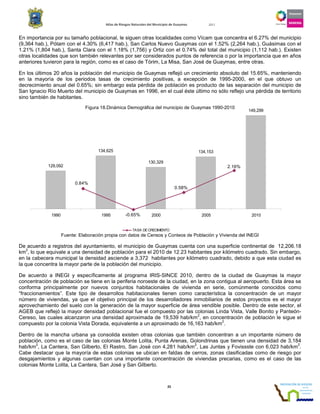 Atlas de Riesgos Naturales del Municipio de Guaymas 2011
25
En importancia por su tamaño poblacional, le siguen otras localidades como Vícam que concentra el 6.27% del municipio
(9,364 hab.), Pótam con el 4.30% (6,417 hab.), San Carlos Nuevo Guaymas con el 1.52% (2,264 hab.), Guásimas con el
1.21% (1,804 hab.), Santa Clara con el 1.18% (1,756) y Ortiz con el 0.74% del total del municipio (1,112 hab.). Existen
otras localidades que son también relevantes por ser considerados puntos de referencia o por la importancia que en años
anteriores tuvieron para la región, como es el caso de Tórim, La Misa, San José de Guaymas, entre otras.
En los últimos 20 años la población del municipio de Guaymas reflejó un crecimiento absoluto del 15.65%, manteniendo
en la mayoría de los periodos tasas de crecimiento positivas, a excepción de 1995-2000, en el que obtuvo un
decrecimiento anual del 0.65%; sin embargo esta pérdida de población es producto de las separación del municipio de
San Ignacio Río Muerto del municipio de Guaymas en 1996, en el cual éste último no sólo reflejo una pérdida de territorio
sino también de habitantes.
Fuente: Elaboración propia con datos de Censos y Conteos de Población y Vivienda del INEGI
De acuerdo a registros del ayuntamiento, el municipio de Guaymas cuenta con una superficie continental de 12,206.18
km
2
, lo que equivale a una densidad de población para el 2010 de 12.23 habitantes por kilómetro cuadrado. Sin embargo,
en la cabecera municipal la densidad asciende a 3,372 habitantes por kilómetro cuadrado, debido a que esta ciudad es
la que concentra la mayor parte de la población del municipio.
De acuerdo a INEGI y específicamente al programa IRIS-SINCE 2010, dentro de la ciudad de Guaymas la mayor
concentración de población se tiene en la periferia noroeste de la ciudad, en la zona contigua al aeropuerto. Esta área se
conforma principalmente por nuevos conjuntos habitacionales de vivienda en serie, comúnmente conocidos como
“fraccionamientos”. Este tipo de desarrollos habitacionales tienen como característica la concentración de un mayor
número de viviendas, ya que el objetivo principal de los desarrolladores inmobiliarios de estos proyectos es el mayor
aprovechamiento del suelo con la generación de la mayor superficie de área vendible posible. Dentro de este sector, el
AGEB que reflejó la mayor densidad poblacional fue el compuesto por las colonias Linda Vista, Valle Bonito y Panteón-
Cereso, las cuales alcanzaron una densidad aproximada de 19,539 hab/km
2
, en concentración de población le sigue el
compuesto por la colonia Vista Dorada, equivalente a un aproximado de 16,163 hab/km
2
.
Dentro de la mancha urbana ya consolida existen otras colonias que también concentran a un importante número de
población, como es el caso de las colonias Monte Lolita, Punta Arenas, Golondrinas que tienen una densidad de 3,184
hab/km
2
, La Cantera, San Gilberto, El Rastro, San José con 4,281 hab/km
2
, Las Juntas y Fovissste con 6,023 hab/km
2
.
Cabe destacar que la mayoría de estas colonias se ubican en faldas de cerros, zonas clasificadas como de riesgo por
desgajamientos y algunas cuentan con una importante concentración de viviendas precarias, como es el caso de las
colonias Monte Lolita, La Cantera, San José y San Gilberto.
129,092
134,625
130,329
134,153
149,299
1990 1995 2000 2005 2010
0.84%
-0.65%
0.58%
2.16%
TASA DECRECIMIENTO
Figura 18.Dinámica Demográfica del municipio de Guaymas 1990-2010
 