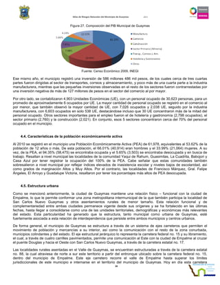 Atlas de Riesgos Naturales del
Figura 27
Fuente: Censo Económico 2009, INEGI
Ese mismo año, el municipio registró una inversión de 586 millones 486 mil pesos, de los cuales cerca de tres cuartas
partes fueron dirigidas al sector de transportes, correos y almacenamiento, y poco más de una cuarta parte a la industria
manufacturera, mientras que las pequeñas inversiones observadas en el resto de los sectores fueron contrarrestadas por
una inversión negativa de más de 127 millones de pesos en el sector del comercio al por mayor.
Por otro lado, se contabilizaron 4,903 Unidades Económica
promedio de aproximadamente 6 ocupados por UE. La mayor cantidad de personal ocupado se registró en el comercio al
por menor, que también observó la mayor cantidad de UE, con 7,026 ocupados y 2,03
manufacturera, con 6,603 ocupados en solo 538 UE, destacándose incluso que 30 UE concentraron más de la mitad del
personal ocupado. Otros sectores importantes para el empleo fueron el de hotelería y gastronomía (2,798 ocupado
sector primario (2,760) y la construcción (2,021). En conjunto, esos 5 sectores concentraron cerca del 70% del personal
ocupado en el municipio.
4.4. Características de la población económicamente activa
Al 2010 se registró en el municipio una Població
población de 12 años o más. De esta población, el 66.01%
vez, de la PEA, el 94.35% (58,475) se encontraba ocupada y el 5.65%
trabajo. Resaltan a nivel municipal las localidades de la comunidad Yaqui de Rahum, Guasimitas, La Cuadrita, Babojori y
Casa Azul por tener registrar la ocupación del 100% de la PEA. Cabe señalar que estas comunid
sobresalieron a nivel municipal por reflejar índices elevados de inasistencia escolar y niveles bajos de escolaridad, así
como grados de marginación Altos y Muy Altos. Por el contrario, las localidades de Francisco Márquez, Gral. Felipe
Ángeles, El Arroyo y Guadalupe Victoria, resaltaron por tener los porcentajes más altos de PEA desocupada.
4.5. Estructura urbana
Como se mencionó anteriormente, la ciudad de Guaymas mantiene una relación físico
Empalme, lo que le permite conformar una zona metropolitana intermunicipal de la que también participa la localidad de
San Carlos Nuevo Guaymas y otros asentamientos rurales de menor tamaño. Esta relación funcional y de
complementariedad entre ambas ciudades permanece vigent
fechas, hasta llegar a consolidarse como una de las unidades territoriales, demográficas y económicas más relevantes
del estado. Esta particularidad ha generado que la estructura, tanto municipal como
fuertemente asociada a esta relación de interdependencia que persiste entre ambos municipios y centros urbanos.
De forma general, el municipio de Guaymas se estructura a través de un sistema de ejes carreteros que permiten el
movimiento de población y mercancías a su interior, así como la comunicación con el resto de la zona conurbada,
municipios colindantes y del estado. El eje estructural jerárquico lo representa la carretera federal no. 15 y su libramiento,
el cual, a través de cuatro carrilles pavimentados, permite una comunicación al Este con la ciudad de Empalme al cruzar
el puente Douglas y hacia el Oeste con San Carlos Nuevo Guaymas, a través de la carretera estatal no.
Las localidades rurales asentadas en el Valle de Gua
no. 88, la cual atraviesa de norte a sur este territorio a partir del entronque ubicado sobre la carretera federal no. 15,
dentro del municipio de Empalme. Este eje carretero recorre el val
jurisdiccionales de este municipio e internarse en el territorio del municipio de Guaymas. Hoy en día esta carretera
Atlas de Riesgos Naturales del Municipio de Guaymas 2011
34
27. Composición del PIB Municipal de Guaymas
Fuente: Censo Económico 2009, INEGI
Ese mismo año, el municipio registró una inversión de 586 millones 486 mil pesos, de los cuales cerca de tres cuartas
partes fueron dirigidas al sector de transportes, correos y almacenamiento, y poco más de una cuarta parte a la industria
ientras que las pequeñas inversiones observadas en el resto de los sectores fueron contrarrestadas por
una inversión negativa de más de 127 millones de pesos en el sector del comercio al por mayor.
Por otro lado, se contabilizaron 4,903 Unidades Económicas (UE), con un personal ocupado de 30,623 personas, para un
promedio de aproximadamente 6 ocupados por UE. La mayor cantidad de personal ocupado se registró en el comercio al
por menor, que también observó la mayor cantidad de UE, con 7,026 ocupados y 2,038 UE, seguido por la industria
manufacturera, con 6,603 ocupados en solo 538 UE, destacándose incluso que 30 UE concentraron más de la mitad del
personal ocupado. Otros sectores importantes para el empleo fueron el de hotelería y gastronomía (2,798 ocupado
sector primario (2,760) y la construcción (2,021). En conjunto, esos 5 sectores concentraron cerca del 70% del personal
. Características de la población económicamente activa
Al 2010 se registró en el municipio una Población Económicamente Activa (PEA) de 61,978, equivalentes al 53.62% de la
población de 12 años o más. De esta población, el 66.01% (40,914) eran hombres y el 33.99%
se encontraba ocupada y el 5.65% (3,503) se encontraba desocupada y en busca de
trabajo. Resaltan a nivel municipal las localidades de la comunidad Yaqui de Rahum, Guasimitas, La Cuadrita, Babojori y
Casa Azul por tener registrar la ocupación del 100% de la PEA. Cabe señalar que estas comunid
sobresalieron a nivel municipal por reflejar índices elevados de inasistencia escolar y niveles bajos de escolaridad, así
como grados de marginación Altos y Muy Altos. Por el contrario, las localidades de Francisco Márquez, Gral. Felipe
s, El Arroyo y Guadalupe Victoria, resaltaron por tener los porcentajes más altos de PEA desocupada.
Como se mencionó anteriormente, la ciudad de Guaymas mantiene una relación físico – funcional con la ciudad de
permite conformar una zona metropolitana intermunicipal de la que también participa la localidad de
San Carlos Nuevo Guaymas y otros asentamientos rurales de menor tamaño. Esta relación funcional y de
complementariedad entre ambas ciudades permanece vigente desde sus orígenes y se ha fortalecido en las últimas
fechas, hasta llegar a consolidarse como una de las unidades territoriales, demográficas y económicas más relevantes
del estado. Esta particularidad ha generado que la estructura, tanto municipal como urbana de Guaymas, esté
fuertemente asociada a esta relación de interdependencia que persiste entre ambos municipios y centros urbanos.
De forma general, el municipio de Guaymas se estructura a través de un sistema de ejes carreteros que permiten el
iento de población y mercancías a su interior, así como la comunicación con el resto de la zona conurbada,
estado. El eje estructural jerárquico lo representa la carretera federal no. 15 y su libramiento,
uatro carrilles pavimentados, permite una comunicación al Este con la ciudad de Empalme al cruzar
el puente Douglas y hacia el Oeste con San Carlos Nuevo Guaymas, a través de la carretera estatal no.
Las localidades rurales asentadas en el Valle de Guaymas, se encuentran estructuradas a través de la carretera estatal
no. 88, la cual atraviesa de norte a sur este territorio a partir del entronque ubicado sobre la carretera federal no. 15,
dentro del municipio de Empalme. Este eje carretero recorre el valle de Empalme hasta superar los límites
jurisdiccionales de este municipio e internarse en el territorio del municipio de Guaymas. Hoy en día esta carretera
Ese mismo año, el municipio registró una inversión de 586 millones 486 mil pesos, de los cuales cerca de tres cuartas
partes fueron dirigidas al sector de transportes, correos y almacenamiento, y poco más de una cuarta parte a la industria
ientras que las pequeñas inversiones observadas en el resto de los sectores fueron contrarrestadas por
una inversión negativa de más de 127 millones de pesos en el sector del comercio al por mayor.
s (UE), con un personal ocupado de 30,623 personas, para un
promedio de aproximadamente 6 ocupados por UE. La mayor cantidad de personal ocupado se registró en el comercio al
8 UE, seguido por la industria
manufacturera, con 6,603 ocupados en solo 538 UE, destacándose incluso que 30 UE concentraron más de la mitad del
personal ocupado. Otros sectores importantes para el empleo fueron el de hotelería y gastronomía (2,798 ocupados), el
sector primario (2,760) y la construcción (2,021). En conjunto, esos 5 sectores concentraron cerca del 70% del personal
n Económicamente Activa (PEA) de 61,978, equivalentes al 53.62% de la
eran hombres y el 33.99% (21,064) mujeres. A su
se encontraba desocupada y en busca de
trabajo. Resaltan a nivel municipal las localidades de la comunidad Yaqui de Rahum, Guasimitas, La Cuadrita, Babojori y
Casa Azul por tener registrar la ocupación del 100% de la PEA. Cabe señalar que estas comunidades también
sobresalieron a nivel municipal por reflejar índices elevados de inasistencia escolar y niveles bajos de escolaridad, así
como grados de marginación Altos y Muy Altos. Por el contrario, las localidades de Francisco Márquez, Gral. Felipe
s, El Arroyo y Guadalupe Victoria, resaltaron por tener los porcentajes más altos de PEA desocupada.
funcional con la ciudad de
permite conformar una zona metropolitana intermunicipal de la que también participa la localidad de
San Carlos Nuevo Guaymas y otros asentamientos rurales de menor tamaño. Esta relación funcional y de
e desde sus orígenes y se ha fortalecido en las últimas
fechas, hasta llegar a consolidarse como una de las unidades territoriales, demográficas y económicas más relevantes
urbana de Guaymas, esté
fuertemente asociada a esta relación de interdependencia que persiste entre ambos municipios y centros urbanos.
De forma general, el municipio de Guaymas se estructura a través de un sistema de ejes carreteros que permiten el
iento de población y mercancías a su interior, así como la comunicación con el resto de la zona conurbada,
estado. El eje estructural jerárquico lo representa la carretera federal no. 15 y su libramiento,
uatro carrilles pavimentados, permite una comunicación al Este con la ciudad de Empalme al cruzar
el puente Douglas y hacia el Oeste con San Carlos Nuevo Guaymas, a través de la carretera estatal no. 17.
ymas, se encuentran estructuradas a través de la carretera estatal
no. 88, la cual atraviesa de norte a sur este territorio a partir del entronque ubicado sobre la carretera federal no. 15,
le de Empalme hasta superar los límites
jurisdiccionales de este municipio e internarse en el territorio del municipio de Guaymas. Hoy en día esta carretera
 