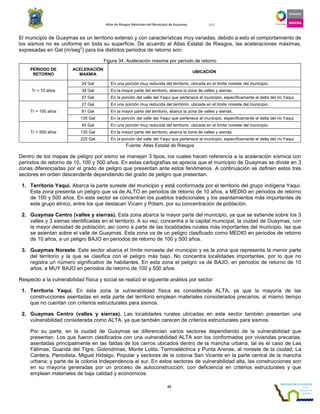 Atlas de Riesgos Naturales del Municipio de Guaymas 2011
43
El municipio de Guaymas es un territorio extenso y con características muy variadas, debido a esto el comportamiento de
los sismos no es uniforme en toda su superficie. De acuerdo al Atlas Estatal de Riesgos, las aceleraciones máximas,
expresadas en Gal (m/seg
2
) para los distintos periodos de retorno son:
Figura 34. Aceleración máxima por periodo de retorno
PERIODO DE
RETORNO
ACELERACIÓN
MAXMIA
UBICACIÓN
Tr = 10 años
24 Gal En una porción muy reducida del territorio, ubicada en el límite noreste del municipio.
34 Gal En la mayor parte del territorio, abarca la zona de valles y sierras.
57 Gal En la porción del valle del Yaqui que pertenece al municipio, específicamente el delta del río Yaqui.
Tr = 100 años
27 Gal En una porción muy reducida del territorio, ubicada en el límite noreste del municipio.
81 Gal En la mayor parte del territorio, abarca la zona de valles y sierras.
135 Gal En la porción del valle del Yaqui que pertenece al municipio, específicamente el delta del río Yaqui.
Tr = 500 años
45 Gal En una porción muy reducida del territorio, ubicada en el límite noreste del municipio.
135 Gal En la mayor parte del territorio, abarca la zona de valles y sierras.
225 Gal En la porción del valle del Yaqui que pertenece al municipio, específicamente el delta del río Yaqui.
Fuente: Atlas Estatal de Riesgos
Dentro de los mapas de peligro por sismo se manejan 3 tipos, los cuales hacen referencia a la aceleración sísmica con
períodos de retorno de 10, 100 y 500 años. En estas cartografías se aprecia que el municipio de Guaymas se divide en 3
zonas diferenciadas por el grado de peligro que presentan ante estos fenómenos. A continuación se definen estos tres
sectores en orden descendente dependiendo del grado de peligro que presentan.
1. Territorio Yaqui. Abarca la parte sureste del municipio y está conformada por el territorio del grupo indígena Yaqui.
Esta zona presenta un peligro que va de ALTO en periodos de retorno de 10 años, a MEDIO en periodos de retorno
de 100 y 500 años. En este sector se concentran los pueblos tradicionales y los asentamientos más importantes de
este grupo étnico, entre los que destacan Vícam y Pótam, por su concentración de población.
2. Guaymas Centro (valles y sierras). Esta zona abarca la mayor parte del municipio, ya que se extiende sobre los 3
valles y 3 sierras identificadas en el territorio. A su vez, concentra a la capital municipal, la ciudad de Guaymas, con
la mayor densidad de población; así como a parte de las localidades rurales más importantes del municipio, las que
se asientan sobre el valle de Guaymas. Esta zona va de un peligro clasificado como MEDIO en periodos de retorno
de 10 años, a un peligro BAJO en periodos de retorno de 100 y 500 años.
3. Guaymas Noreste. Este sector abarca el límite noroeste del municipio y es la zona que representa la menor parte
del territorio y la que se clasifica con el peligro más bajo. No concentra localidades importantes, por lo que no
registra un número significativo de habitantes. En esta zona el peligro va de BAJO, en periodos de retorno de 10
años, a MUY BAJO en periodos de retorno de 100 y 500 años.
Respecto a la vulnerabilidad física y social se realizó el siguiente análisis por sector:
1. Territorio Yaqui. En esta zona la vulnerabilidad física es considerada ALTA, ya que la mayoría de las
construcciones asentadas en esta parte del territorio emplean materiales considerados precarios, al mismo tiempo
que no cuentan con criterios estructurales para sismos.
2. Guaymas Centro (valles y sierras). Las localidades rurales ubicadas en este sector también presentan una
vulnerabilidad considerada como ALTA, ya que también carecen de criterios estructurales para sismos.
Por su parte, en la ciudad de Guaymas se diferencian varios sectores dependiendo de la vulnerabilidad que
presentan. Los que fueron clasificados con una vulnerabilidad ALTA son los conformados por viviendas precarias,
asentadas principalmente en las faldas de los cerros ubicados dentro de la mancha urbana, tal es el caso de Las
Fátimas, Guarida del Tigre, Golondrinas, Monte Lolita, Termoeléctrica y Punta Arenas, al noreste de la ciudad; La
Cantera, Periodista, Miguel Hidalgo, Popular y sectores de la colonia San Vicente en la parte central de la mancha
urbana; y parte de la colonia Independencia al sur. En estos sectores de vulnerabilidad alta, las construcciones son
en su mayoría generadas por un proceso de autoconstrucción, con deficiencia en criterios estructurales y que
emplean materiales de baja calidad y económicos.
 