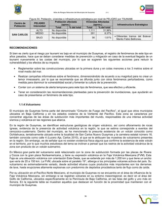 Atlas de Riesgos Naturales del Municipio de Guaymas 2011
51
Figura 44. Población, viviendas e infraestructura estratégica por nivel de PELIGRO por TSUNAMI
Centro de
Población
PELIGRO
Intensidad
Población afectada
(aprox.)
Viviendas Afectadas
(aprox.) Infraestructura Estratégica
Total % del total Total % del total
SAN CARLOS
ALTO No disponible 1,111 31.96%
MEDIO No disponible 291 8.37%
BAJO No disponible 56 1.61%
• Diferentes tramos del Bulevar
Manlio Fabio Beltrones.
RECOMENDACIONES:
Si bien es cierto que el riesgo por tsunami es bajo en el municipio de Guaymas, el registro de fenómenos de este tipo en
años pasados, hace que se deban considerar medidas de prevención y mitigación en caso de la eventual llegada de un
tsunami nuevamente a las costas del municipio, por lo que se sugieren las siguientes acciones para reducir la
vulnerabilidad y los efectos de su impacto.
• Reglamentar sobre las construcciones ubicadas en la primera duna y en cotas menores a los 3 metros sobre el
nivel medio del mar.
• Realizar campañas informativas sobre el fenómeno, dimensionándolo de acuerdo a su magnitud para no crear un
temor innecesario, por lo que se recomienda que se difunda junto con otros fenómenos perturbadores, como
medida para disminuir la vulnerabilidad social y fomentar la cultura de la prevención.
• Contar con un sistema de alerta temprana para este tipo de fenómenos, que sea efectivo y eficiente.
• Tener en consideración las recomendaciones planteadas para la prevención de inundaciones, que ayudarán en
caso de presentarse un fenómeno de este tipo.
1.1.4.Vulcanismo
El municipio de Guaymas forma parte del denominado “Cinturón de Fuego del Pacífico”, al igual que otros municipios
ubicados en Baja California y en los estados costeros de la Vertiente del Pacífico. Esta zona se caracteriza por
concentrar algunas de las áreas de subducción más importantes del mundo, responsables de una intensa actividad
sísmica y volcánica en las regiones que abarca.
En la región de Guaymas, se identifican estructuras geológicas de origen volcánico, así como afloramiento de rocas
ígneas, evidencia de la presencia de actividad volcánica en la región, la que se estima corresponde a eventos del
cenozoico-cuaternario. Dentro del municipio, se ha mencionado la presunta existencia de un volcán conocido como
Ochitahueca, tentativamente ubicado entre la localidad de San Carlos Nuevo Guaymas y la carretera estatal número 16,
también conocida como calle 4 (Lucero Aja, Carlos 2010), al que se le atribuyen las muestras de vulcanismo presentes
en la región. Sin embargo, es de señalar que no existen evidencia física alguna que confirme la existencia de este volcán
en el territorio, por lo que muchos estudiosos del tema se inclinan a pensar que los rastros de la actividad volcánica de la
zona son producto de un volcán submarino.
En México gran parte del vulcanismo está relacionado con la zona de subducción formada por las placas de Rivera
y Cocos con la gran placa Norteamericana, y tiene su expresión volcánica en la Faja Volcánica Mexicana (FVM). Esta
Faja es una elevación volcánica con orientación Este-Oeste, que se extiende por más de 1,200 km y que tiene un ancho
que varía de 20 a 150 km. La FVM, ubicada sobre el paralelo 19°, alberga a los principales volcanes activos del país. Su
vulcanismo es extremadamente variado, desde actividad efusiva cuyos productos más importantes son los derrames
de lava, hasta erupciones altamente explosivas con predominio de depósitos piroclásticos tanto de flujo como de caída.
Por su ubicación en el Pacífico Norte Mexicano, el municipio de Guaymas no se encuentra en el área de influencia de la
Faja Volcánica Mexicana, sin embargo si se registran volcanes en su entorno mesorregional, es decir en el área del
Golfo de California, ubicados específicamente en la Península de Baja California, en las Islas del golfo y uno más en
Sonora. En la siguiente tabla se muestran aquellos que destacan en función de la proximidad que mantienen con el
municipio de Guaymas.
 