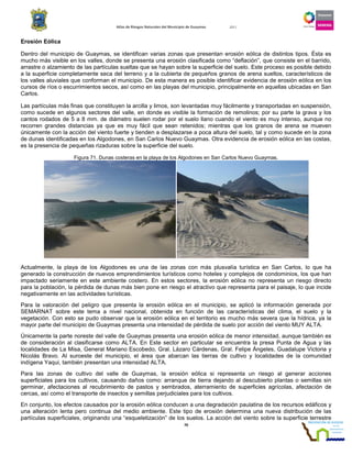 Atlas de Riesgos Naturales del Municipio de Guaymas 2011
70
Erosión Eólica
Dentro del municipio de Guaymas, se identifican varias zonas que presentan erosión eólica de distintos tipos. Ésta es
mucho más visible en los valles, donde se presenta una erosión clasificada como “deflación”, que consiste en el barrido,
arrastre o alzamiento de las partículas sueltas que se hayan sobre la superficie del suelo. Este proceso es posible debido
a la superficie completamente seca del terreno y a la cubierta de pequeños granos de arena sueltos, característicos de
los valles aluviales que conforman el municipio. De esta manera es posible identificar evidencia de erosión eólica en los
cursos de ríos o escurrimientos secos, así como en las playas del municipio, principalmente en aquellas ubicadas en San
Carlos.
Las partículas más finas que constituyen la arcilla y limos, son levantadas muy fácilmente y transportadas en suspensión,
como sucede en algunos sectores del valle, en donde es visible la formación de remolinos; por su parte la grava y los
cantos rodados de 5 a 8 mm. de diámetro suelen rodar por el suelo llano cuando el viento es muy intenso, aunque no
recorren grandes distancias ya que es muy fácil que sean retenidos; mientras que los granos de arena se mueven
únicamente con la acción del viento fuerte y tienden a desplazarse a poca altura del suelo, tal y como sucede en la zona
de dunas identificadas en los Algodones, en San Carlos Nuevo Guaymas. Otra evidencia de erosión eólica en las costas,
es la presencia de pequeñas rizaduras sobre la superficie del suelo.
Figura 71. Dunas costeras en la playa de los Algodones en San Carlos Nuevo Guaymas.
Actualmente, la playa de los Algodones es una de las zonas con más plusvalía turística en San Carlos, lo que ha
generado la construcción de nuevos emprendimientos turísticos como hoteles y complejos de condominios, los que han
impactado seriamente en este ambiente costero. En estos sectores, la erosión eólica no representa un riesgo directo
para la población, la pérdida de dunas más bien pone en riesgo el atractivo que representa para el paisaje, lo que incide
negativamente en las actividades turísticas.
Para la valoración del peligro que presenta la erosión eólica en el municipio, se aplicó la información generada por
SEMARNAT sobre este tema a nivel nacional, obtenida en función de las características del clima, el suelo y la
vegetación. Con esto se pudo observar que la erosión eólica en el territorio es mucho más severa que la hídrica, ya la
mayor parte del municipio de Guaymas presenta una intensidad de pérdida de suelo por acción del viento MUY ALTA.
Únicamente la parte noreste del valle de Guaymas presenta una erosión eólica de menor intensidad, aunque también es
de consideración al clasificarse como ALTA. En Este sector en particular se encuentra la presa Punta de Agua y las
localidades de La Misa, General Mariano Escobedo, Gral. Lázaro Cárdenas, Gral. Felipe Ángeles, Guadalupe Victoria y
Nicolás Bravo. Al suroeste del municipio, el área que abarcan las tierras de cultivo y localidades de la comunidad
indígena Yaqui, también presentan una intensidad ALTA.
Para las zonas de cultivo del valle de Guaymas, la erosión eólica si representa un riesgo al generar acciones
superficiales para los cultivos, causando daños como: arranque de tierra dejando al descubierto plantas o semillas sin
germinar, afectaciones al recubrimiento de pastos y sembrados, aterramiento de superficies agrícolas, afectación de
cercas, así como el transporte de insectos y semillas perjudiciales para los cultivos.
En conjunto, los efectos causados por la erosión eólica conducen a una degradación paulatina de los recursos edáficos y
una alteración lenta pero continua del medio ambiente. Este tipo de erosión determina una nueva distribución de las
partículas superficiales, originando una “esqueletización” de los suelos. La acción del viento sobre la superficie terrestre
 