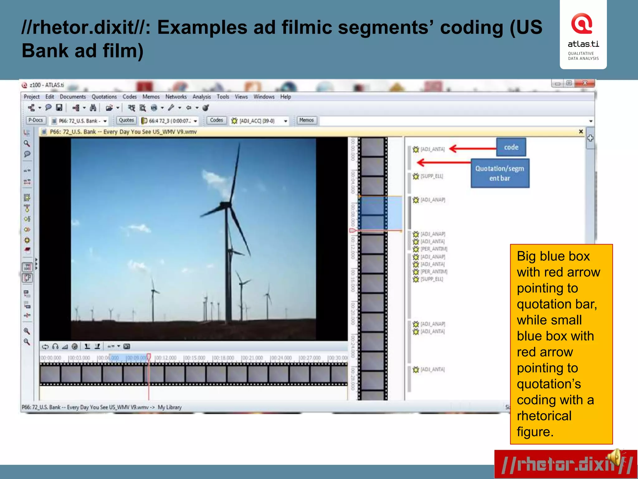 //rhetor.dixit//: Examples ad filmic segments’ coding (US
Bank ad film)
Big blue box
with red arrow
pointing to
quotation bar,
while small
blue box with
red arrow
pointing to
quotation’s
coding with a
rhetorical
figure.
 