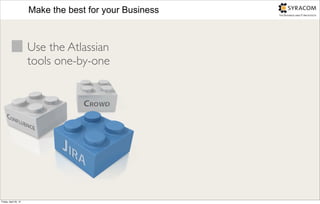 Make the best for your Business



                       Use the Atlassian
                       tools one-by-one




Friday, April 20, 12
 