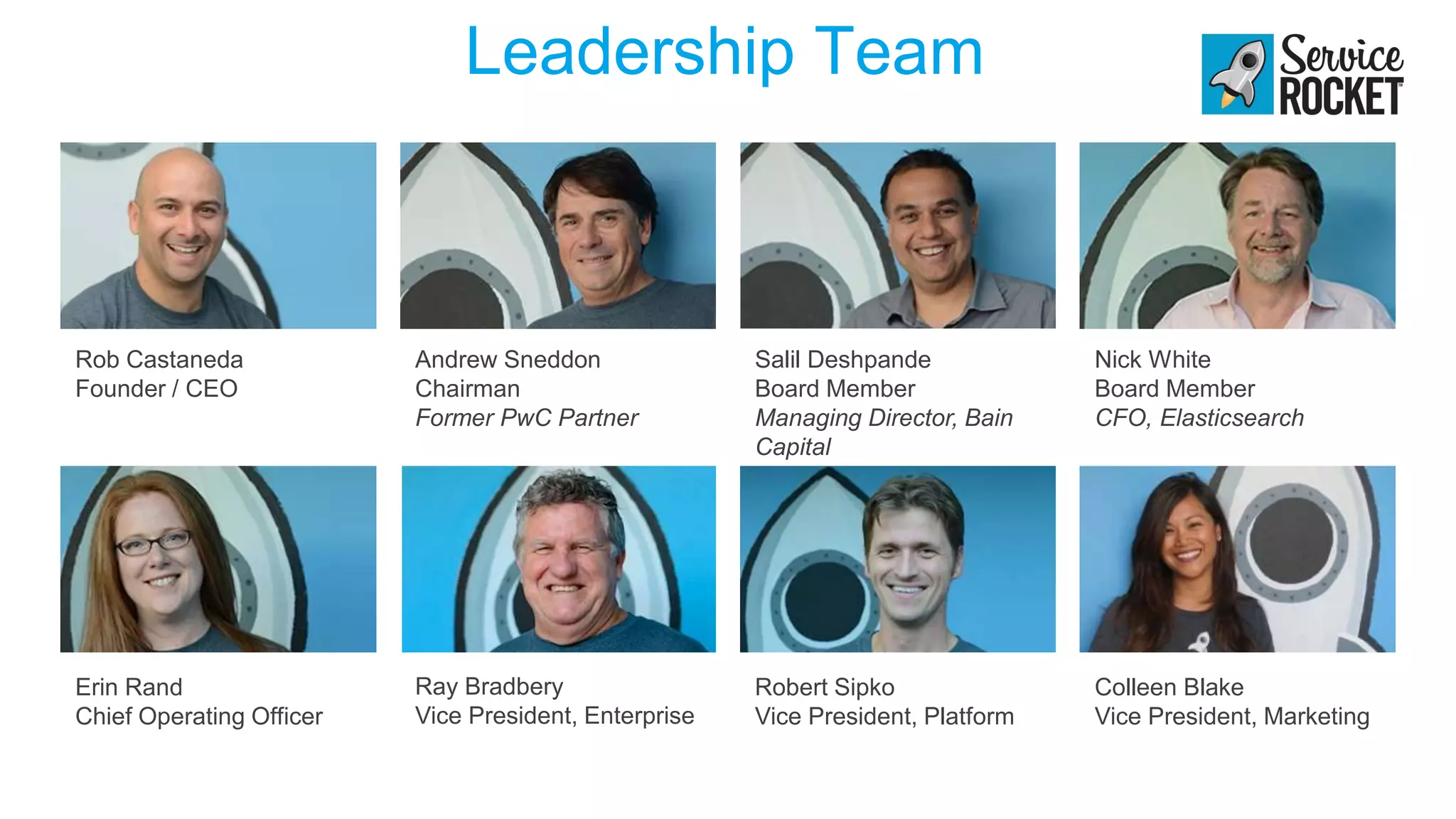 Leadership Team
Rob Castaneda
Founder / CEO
Andrew Sneddon
Chairman
Former PwC Partner
Salil Deshpande
Board Member
Managing Director, Bain
Capital
Nick White
Board Member
CFO, Elasticsearch
Erin Rand
Chief Operating Officer
Ray Bradbery
Vice President, Enterprise
Robert Sipko
Vice President, Platform
Colleen Blake
Vice President, Marketing
 
