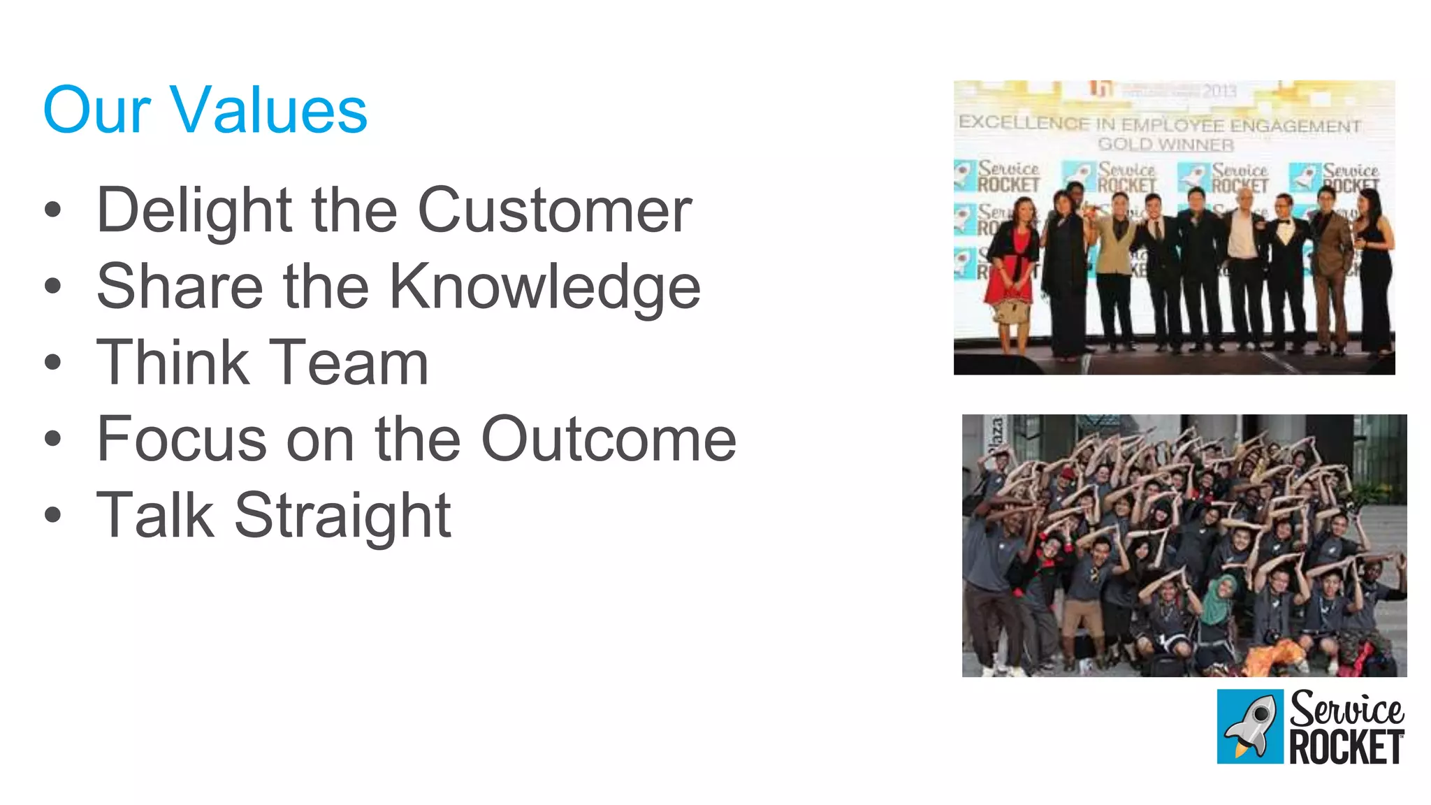 Our Values
• Delight the Customer
• Share the Knowledge
• Think Team
• Focus on the Outcome
• Talk Straight
 