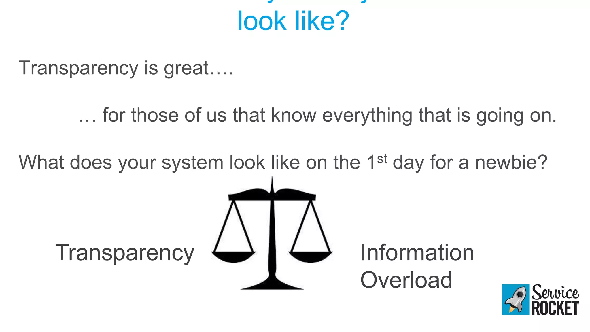 look like?
Transparency is great….
… for those of us that know everything that is going on.
What does your system look like on the 1st day for a newbie?
Transparency Information
Overload
 