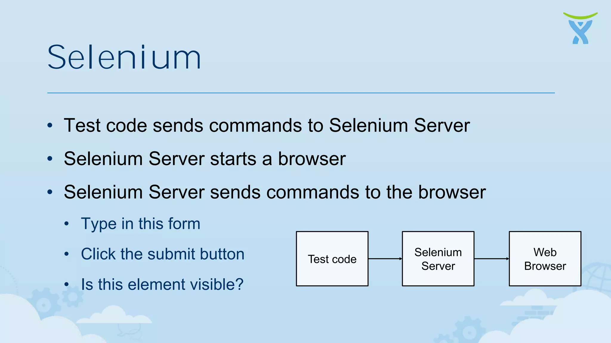 Selenium • Test code sends commands to Selenium Server • Selenium Server starts a browser • Selenium Server sends commands to the browser • Type in this form • Click the submit button • Is this element visible? Test code Selenium Server Web Browser 