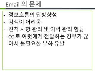 Email 의 문제
• 정보흐름의 단방향성
• 검색이 어려움
• 진척 사항 관리 및 이력 관리 힘듬
• CC 로 여럿에게 전달하는 경우가 많아서
불필요한 부하 유발
 