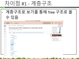 차이점 #1 - 계층구조
- 계층구조로 보기를 통해 Tree 구조로 볼
수 있음
 