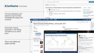 Use cases
Connect employees with
experts to tap into tribal
knowledge throughout the
company
Streamline meeting
preparation, note taking
and follow-up on action
items
Share and collaborate
pages and ﬁles
 