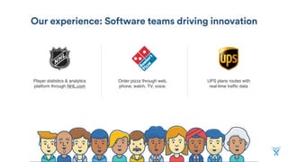 Our experience: Software teams driving innovation
Player statistics & analytics
platform through NHL.com
Order pizza through web,
phone, watch, TV, voice.
UPS plans routes with  
real-time trafﬁc data
 