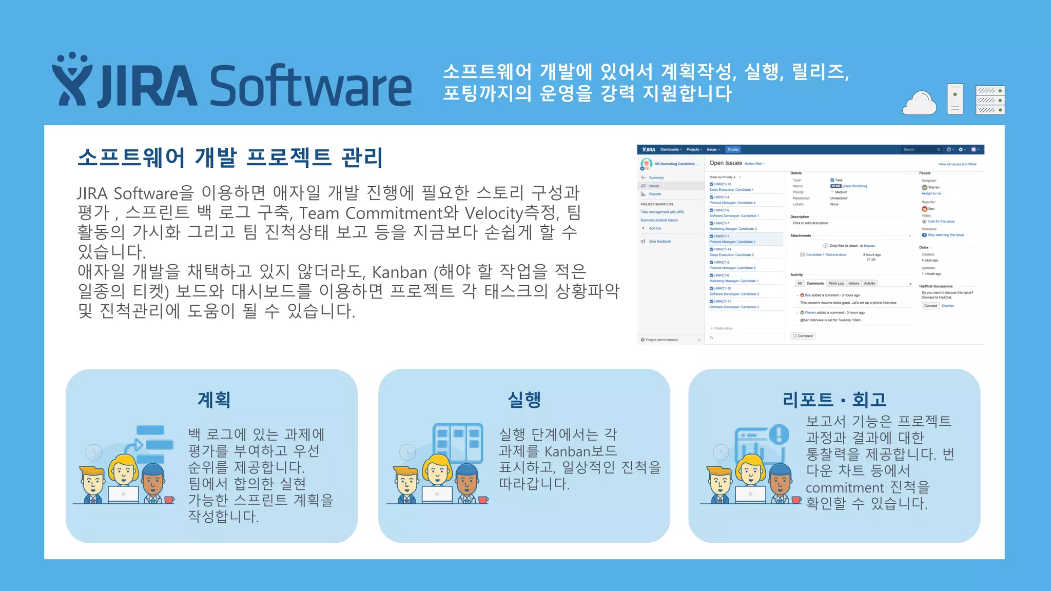 소프트웨어 개발 프로젝트 관리
JIRA Software을 이용하면 애자일 개발 진행에 필요한 스토리 구성과
평가 , 스프린트 백 로그 구축, Team Commitment와 Velocity측정, 팀
활동의 가시화 그리고 팀 진척상태 보고 등을 지금보다 손쉽게 할 수
있습니다.
애자일 개발을 채택하고 있지 않더라도, Kanban (해야 할 작업을 적은
일종의 티켓) 보드와 대시보드를 이용하면 프로젝트 각 태스크의 상황파악
및 진척관리에 도움이 될 수 있습니다.
백 로그에 있는 과제에
평가를 부여하고 우선
순위를 제공합니다.
팀에서 합의한 실현
가능한 스프린트 계획을
작성합니다.
계획
실행 단계에서는 각
과제를 Kanban보드
표시하고, 일상적인 진척을
따라갑니다.
실행
보고서 기능은 프로젝트
과정과 결과에 대한
통찰력을 제공합니다. 번
다운 차트 등에서
commitment 진척을
확인할 수 있습니다.
리포트・회고
소프트웨어 개발에 있어서 계획작성, 실행, 릴리즈,
포팅까지의 운영을 강력 지원합니다
 