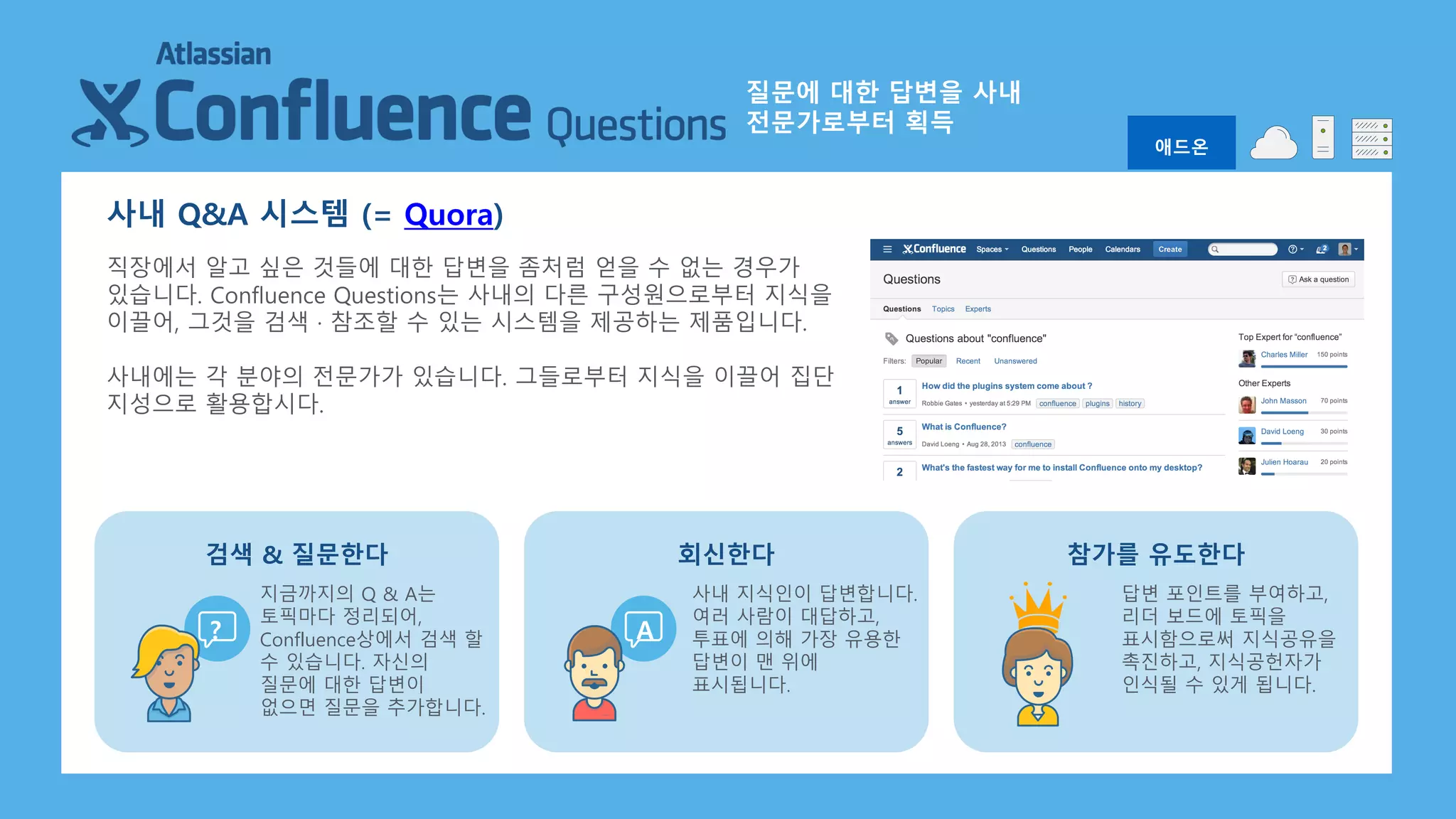 사내 Q&A 시스템 (= Quora)
직장에서 알고 싶은 것들에 대한 답변을 좀처럼 얻을 수 없는 경우가
있습니다. Confluence Questions는 사내의 다른 구성원으로부터 지식을
이끌어, 그것을 검색 · 참조할 수 있는 시스템을 제공하는 제품입니다.
사내에는 각 분야의 전문가가 있습니다. 그들로부터 지식을 이끌어 집단
지성으로 활용합시다.
지금까지의 Q & A는
토픽마다 정리되어,
Confluence상에서 검색 할
수 있습니다. 자신의
질문에 대한 답변이
없으면 질문을 추가합니다.
사내 지식인이 답변합니다.
여러 사람이 대답하고,
투표에 의해 가장 유용한
답변이 맨 위에
표시됩니다.
회신한다
답변 포인트를 부여하고,
리더 보드에 토픽을
표시함으로써 지식공유을
촉진하고, 지식공헌자가
인식될 수 있게 됩니다.
참가를 유도한다검색 & 질문한다
?
애드온
A
질문에 대한 답변을 사내
전문가로부터 획득
 