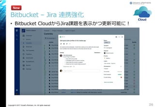 Copyright © 2017 Growth xPartners, Inc. All rights reserved.
Bitbucket – Jira 連携強化
• Bitbucket CloudからJira課題を表示かつ更新可能に！
26
New
Cloud
 