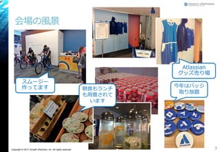 Copyright © 2017 Growth xPartners, Inc. All rights reserved.
会場の風景
7
スムージー
作ってます 朝食もランチ
も用意されて
います
今年はバッジ
取り放題
Atlassian
グッズ売り場
 