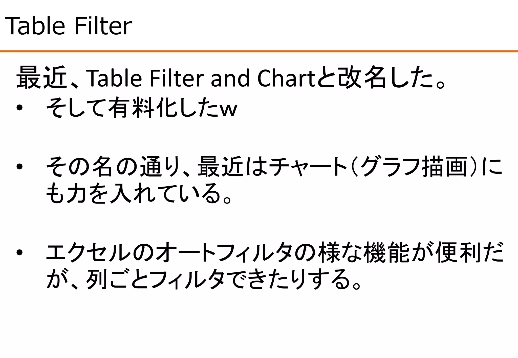 Table Filter
最近、Table Filter and Chartと改名した。
• そして有料化したｗ
• その名の通り、最近はチャート（グラフ描画）に
も力を入れている。
• エクセルのオートフィルタの様な機能が便利だ
が、列ごとフィルタできたりする。
 