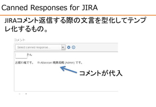 Canned Responses for JIRA
JIRAコメント返信する際の文言を型化してテンプ
レ化するもの。
コメントが代入
 