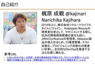 自己紹介
3
梶原 成親 @kajinari
Narichika Kajihara
2014年より、株式会社リクルートライフス
タイルにジョイン。 Hotpepper Beautyの
開発責任者として、マネジメントする傍ら、
社内の開発環境整備の責任も担い、
JIRA/Confluenceの管理者、Atlassian製
品の導入をはじめ、CI環境整備、テスト
自動化、プロビジョニング自動化の推進
に従事し、全社的なDevOpsを推進する
立ち位置に携わる。
参考URL
• 2,000人のタスクを一元管理！全員の業務負担を可視化する、プロジェクト管理ツールとは
• 縦割りの組織も変えられる！部署を越えたコラボレーションを生む情報共有ツールとは
 