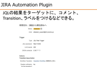JIRA Automation Plugin
JQLの結果をターゲットに、コメント、
Transition、ラベルをつけるなどできる。
 